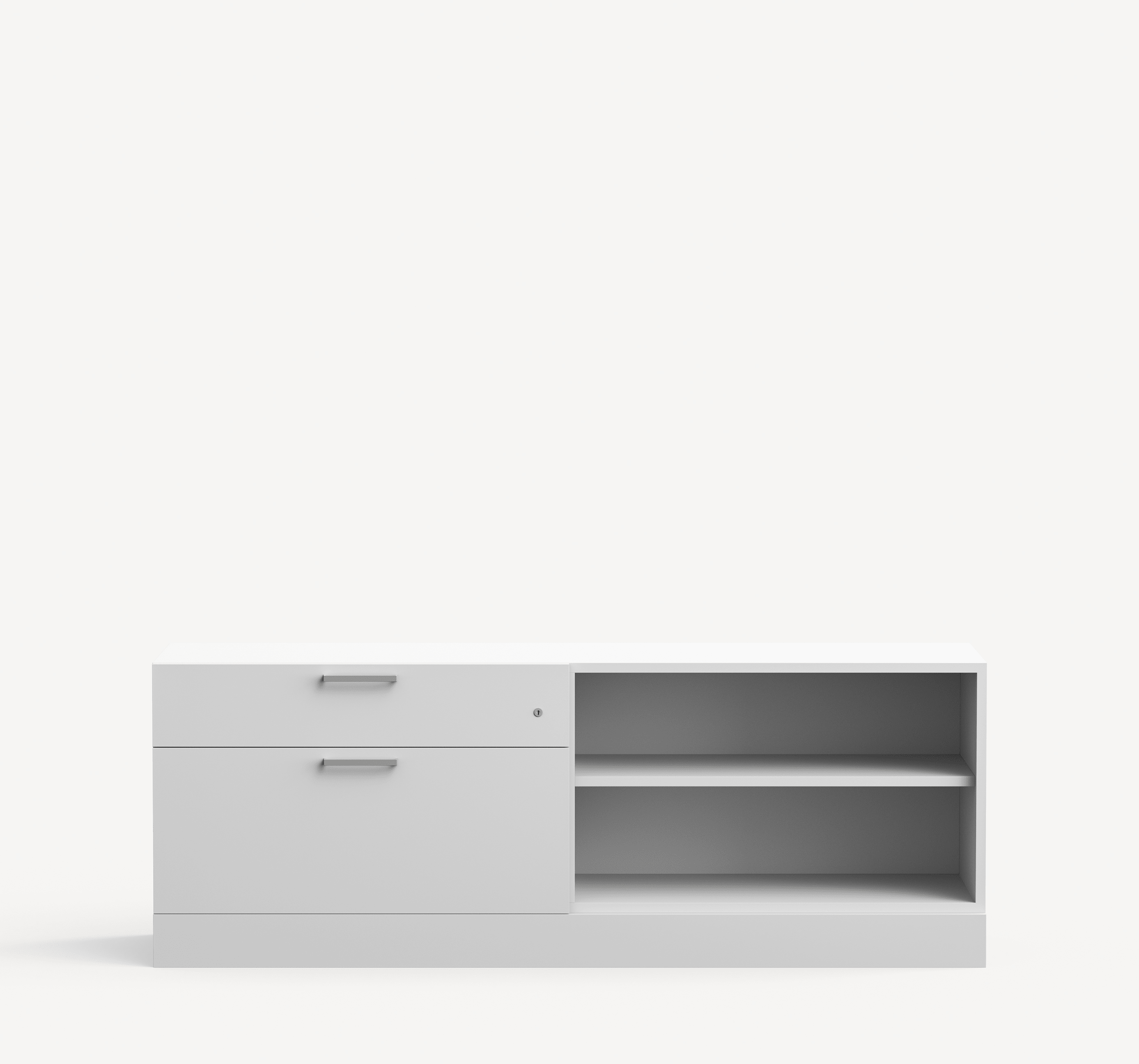 Align Credenza in white with a flushed plinth base, one box and one file drawer on the left and an open metal shelf on the right.