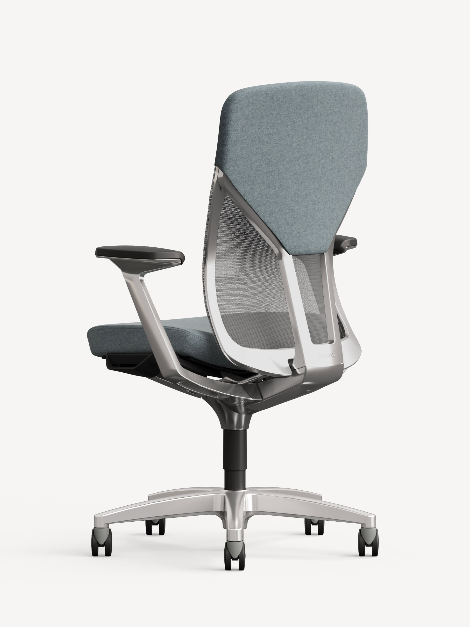 Three-quarter view of the Allsteel Acuity conference chair with light blue fabric and silver frame.