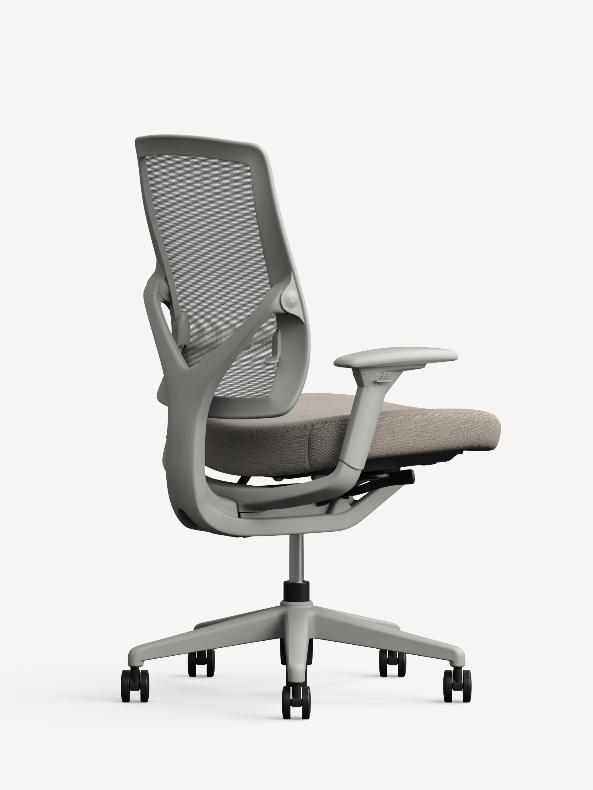 Allsteel Relate task office chair with grey frame, grey mesh back and light tan seat, with casters.