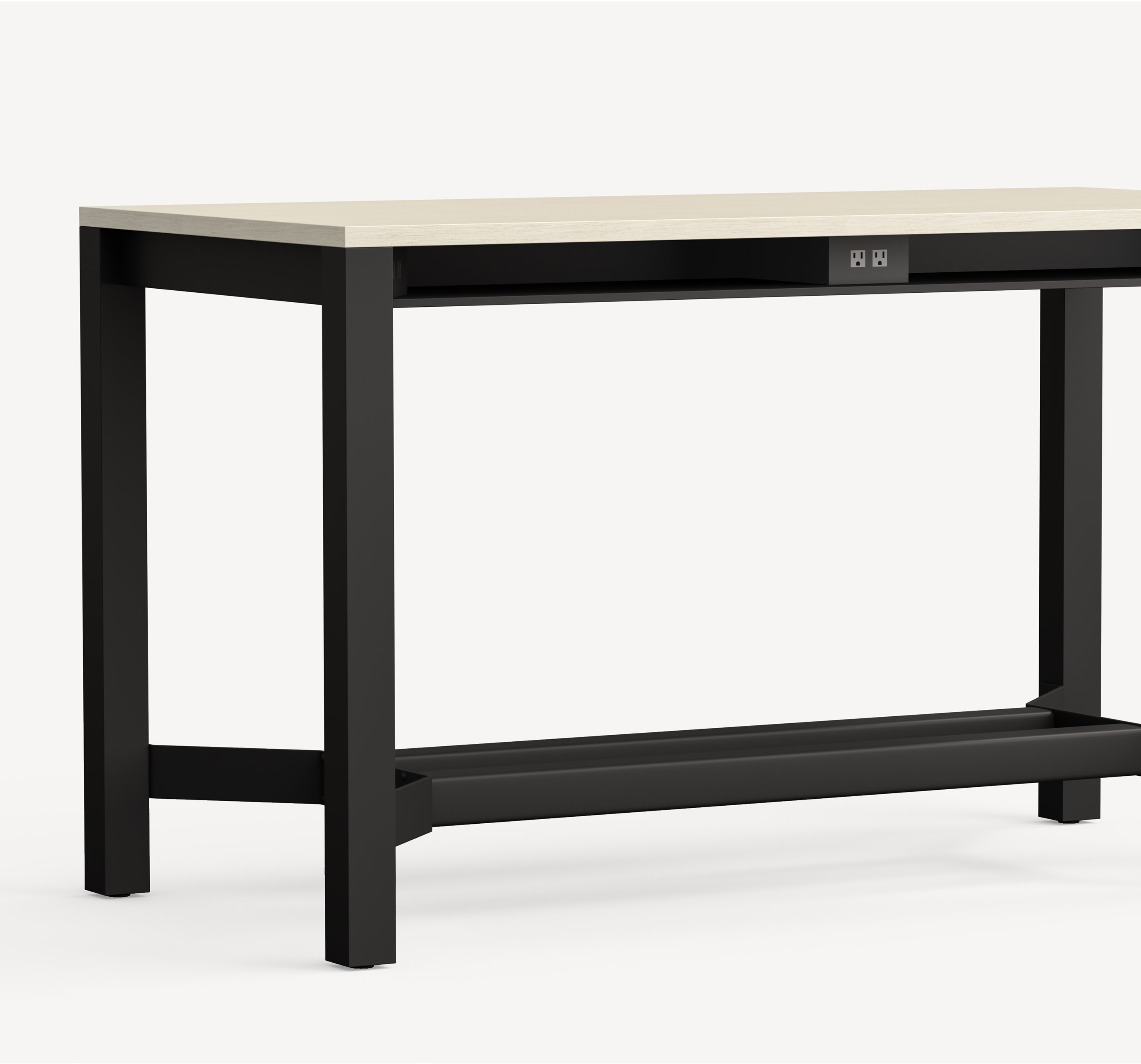 Allsteel Harvest standing height cafe table with black metal base, light laminate veneer top and electrical and USB outlets.