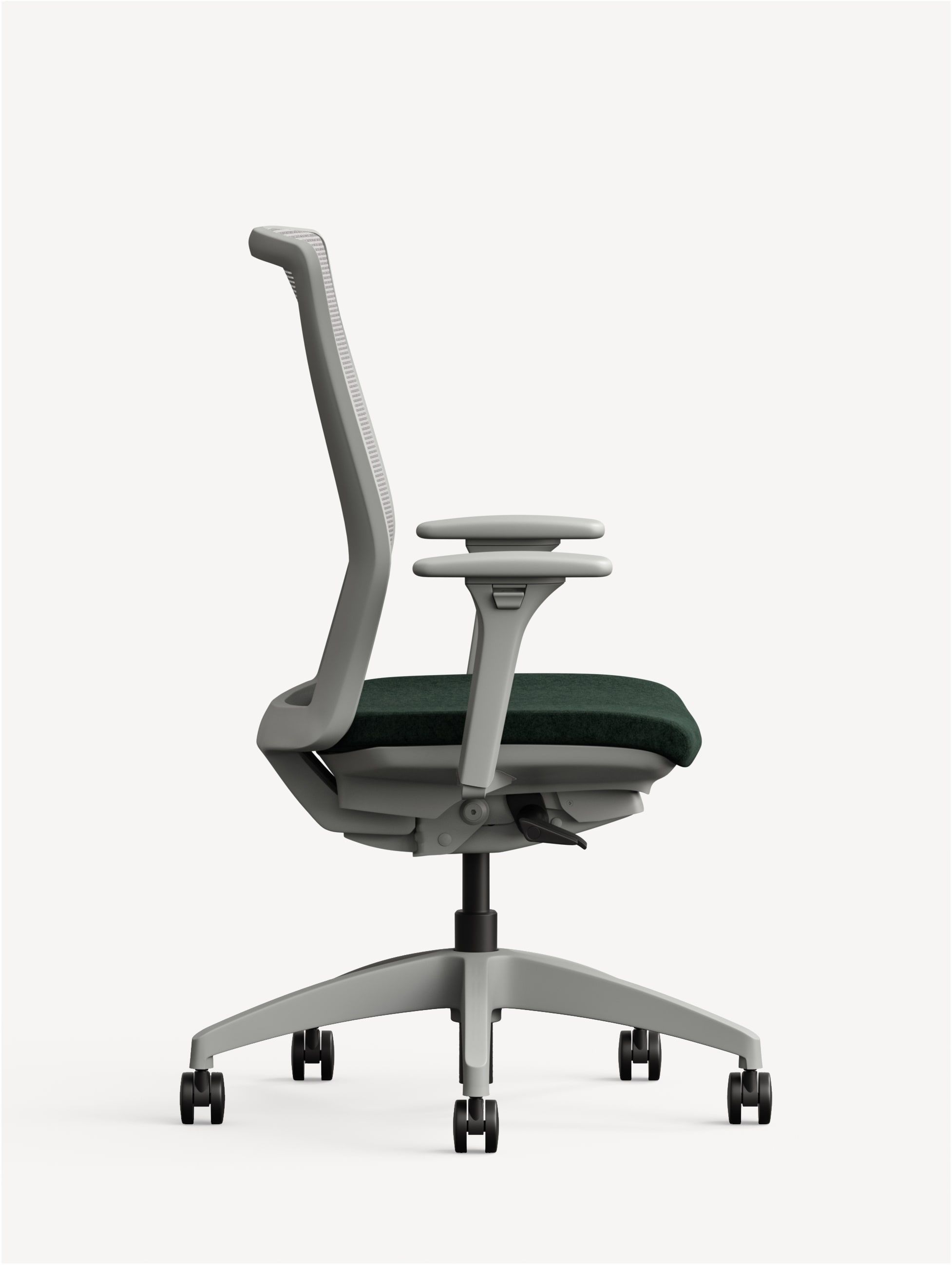 Side view of a grey and black Lyric task office chair with casters.