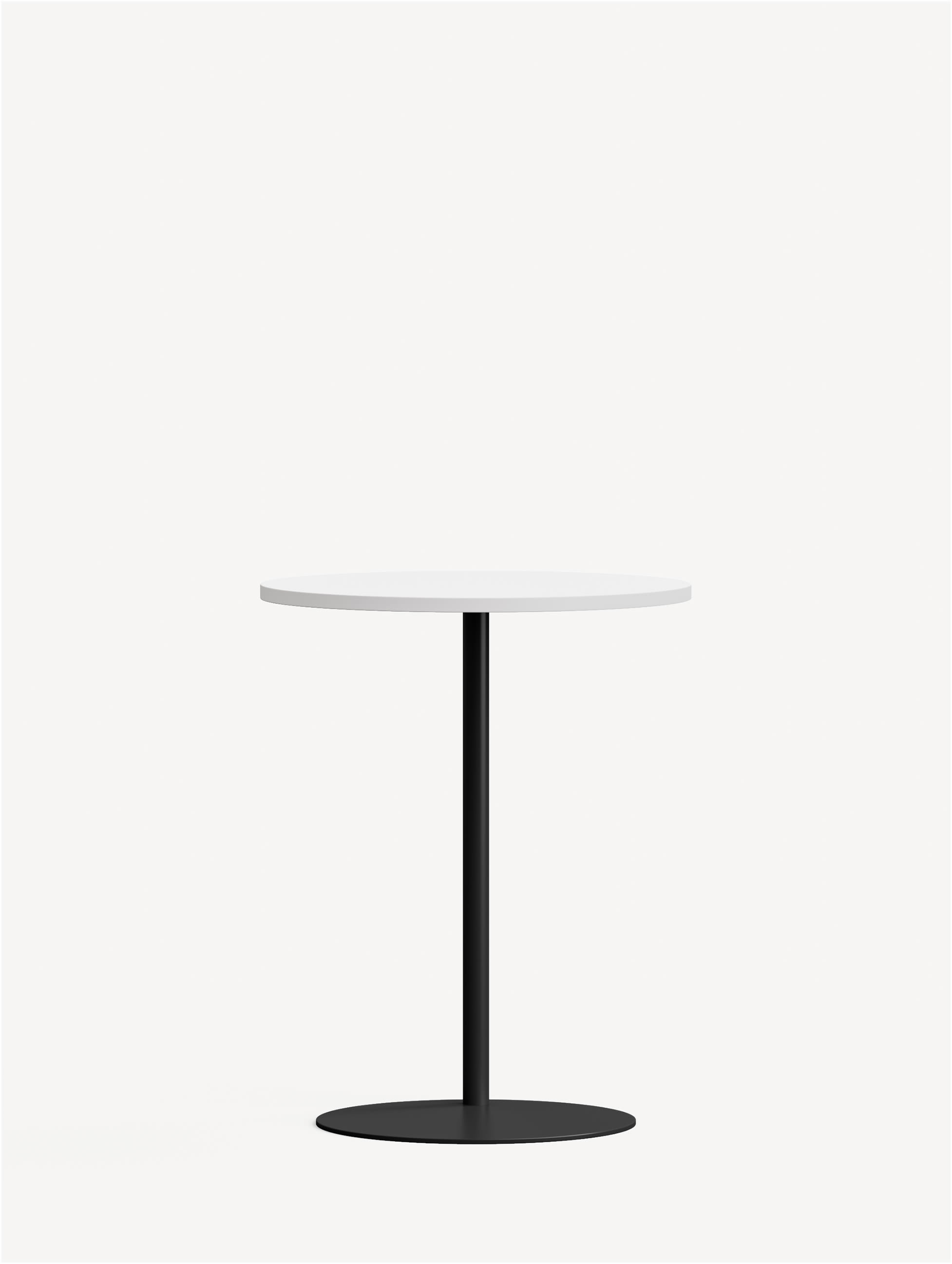 Front view of a Rise occasional table with a black, round pedestal base and white round table top.