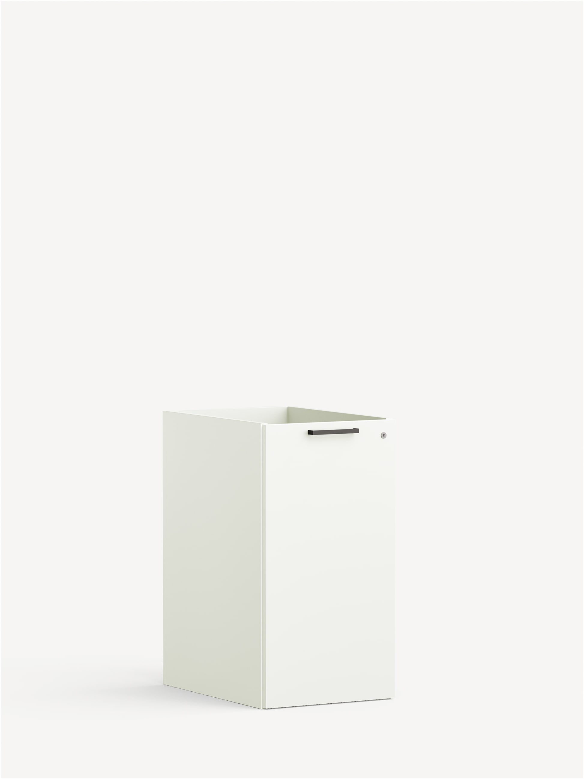 Further Pull-Out Drawer Support Pedestal in white with an interior two box drawers and one file drawer and a square black handle.