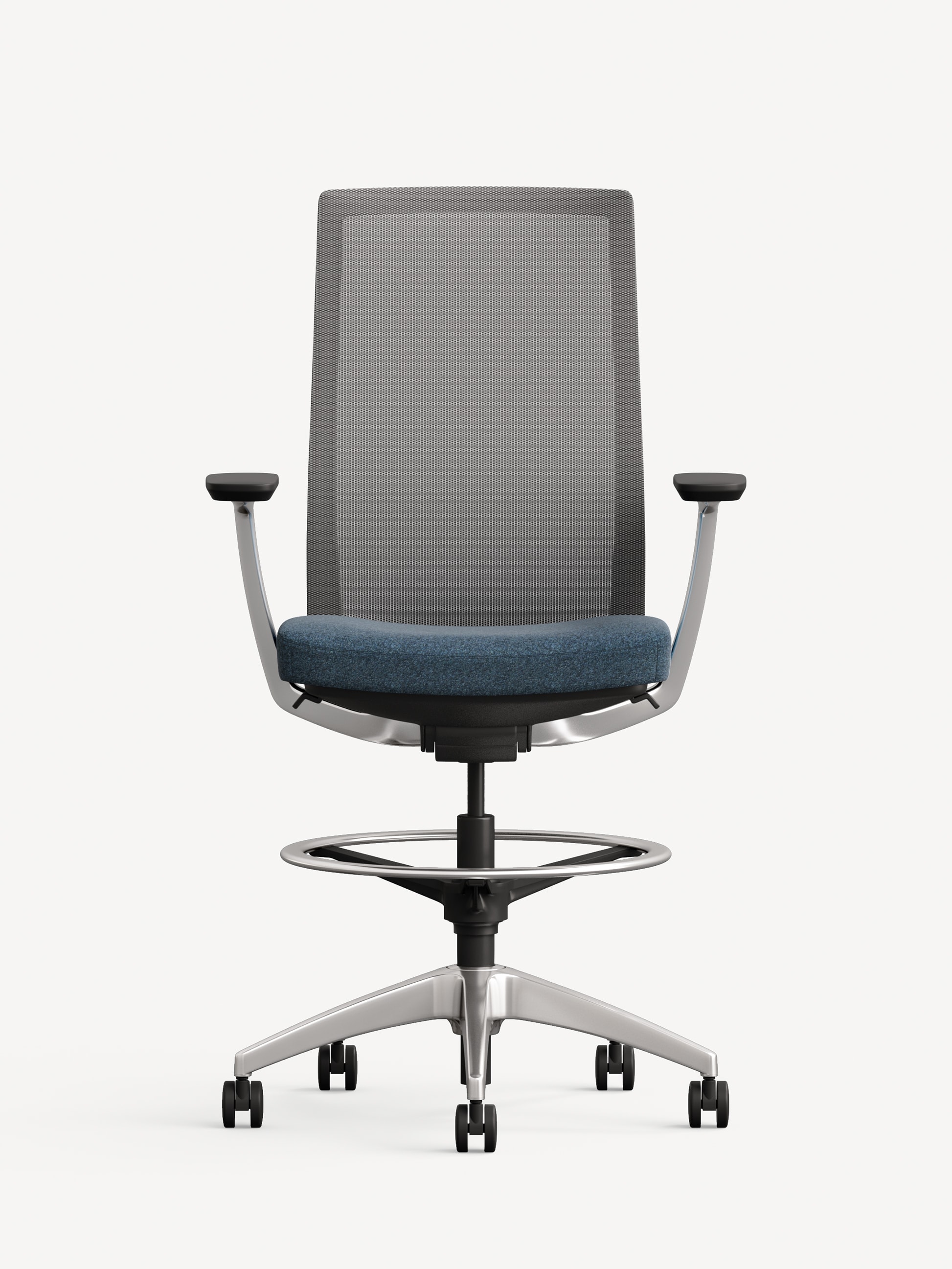 Front view of the Allsteel Evo stool with a blue fabric seat and grey mesh back.