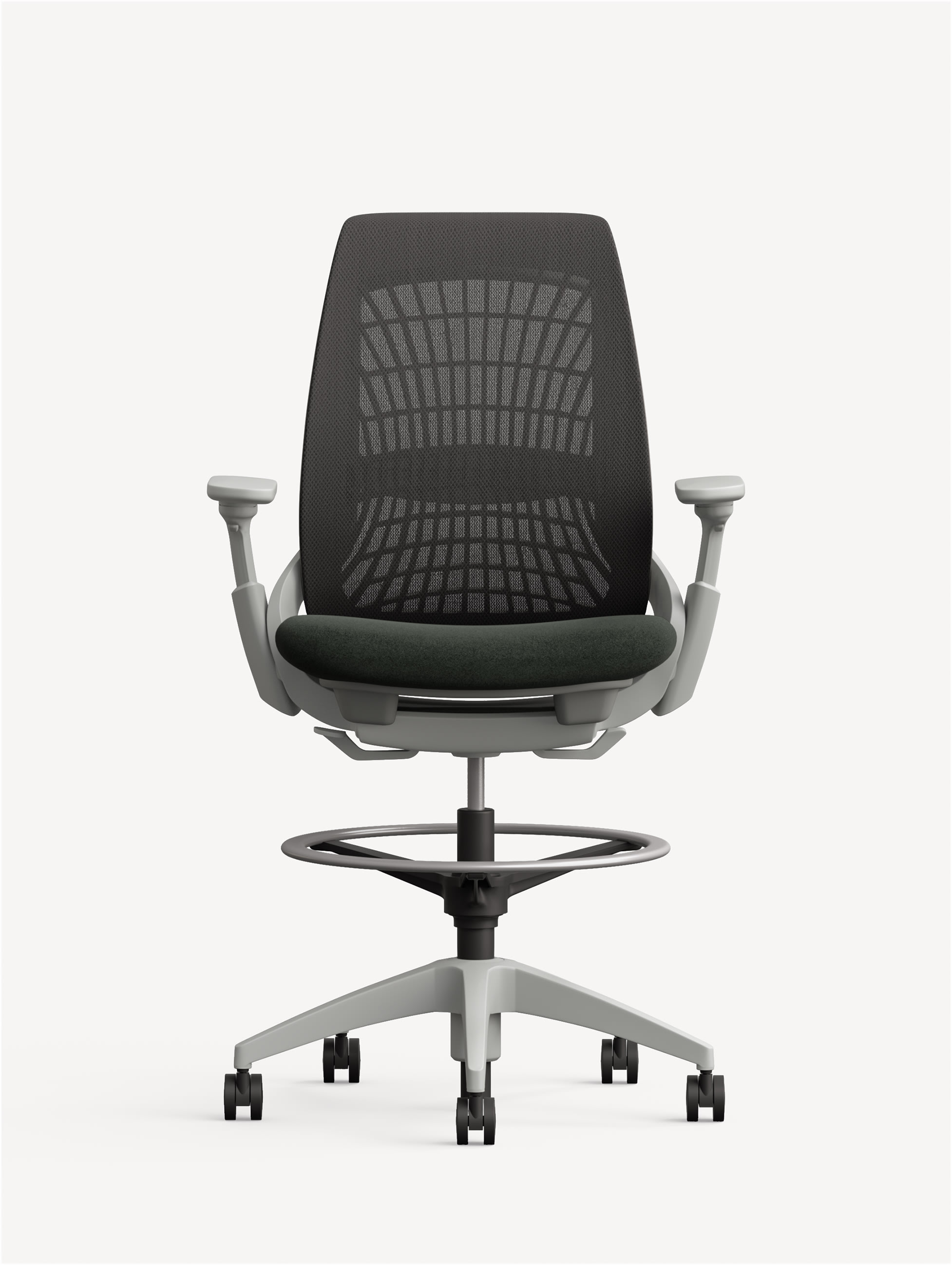 Front view of an Allsteel Mimeo work stool with a light grey frame and dark mesh back.