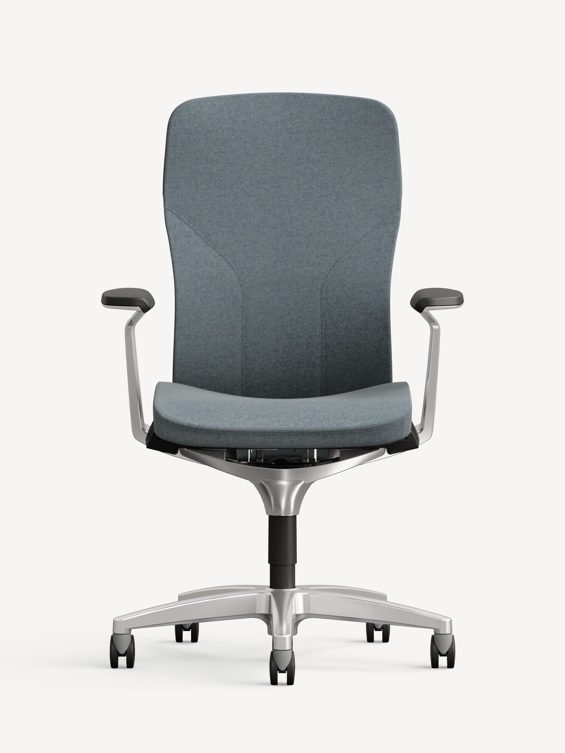 Front view of the Allsteel Acuity conference chair with light blue fabric and silver frame.