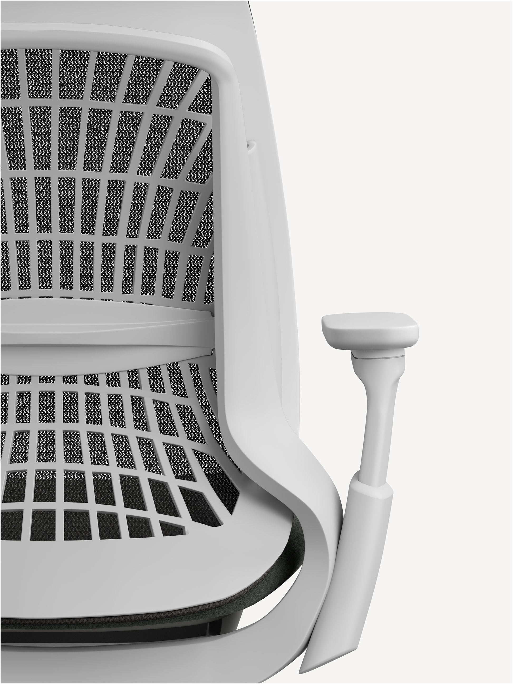 Detail shot of the back of an Allsteel Mimeo work stool with a light grey frame and dark mesh back.