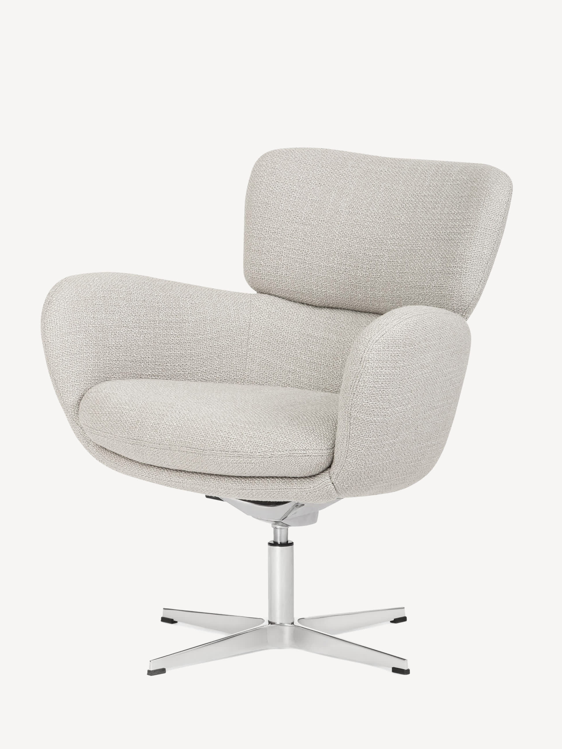 Three-quarter side view of the height-adjustable Gunlocke Iris lounge chair with aluminum metal base and light grey upholstery.