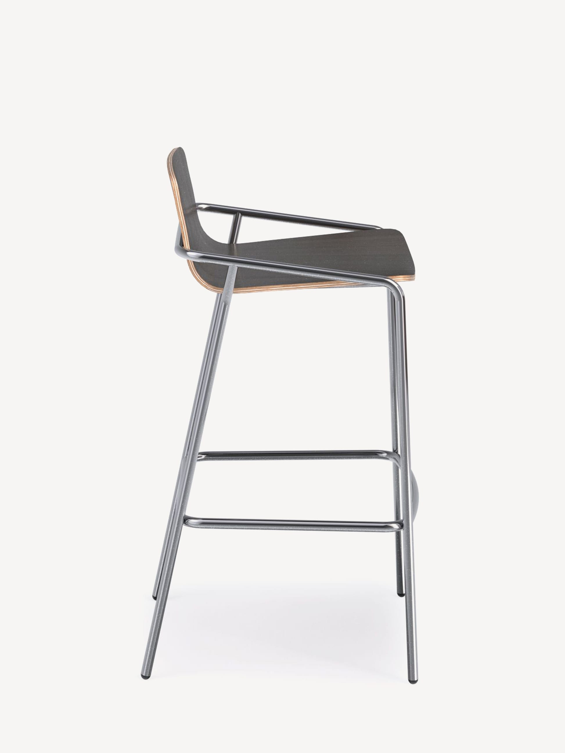 Side view of the 4-leg Liv high stool with chrome frame and skyline walnut shell.