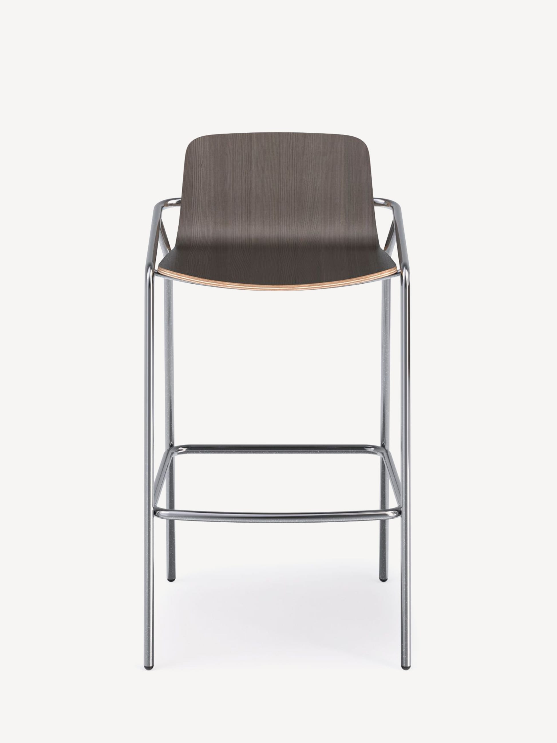 Front view of the 4-leg Liv high stool with chrome frame and skyline walnut shell.