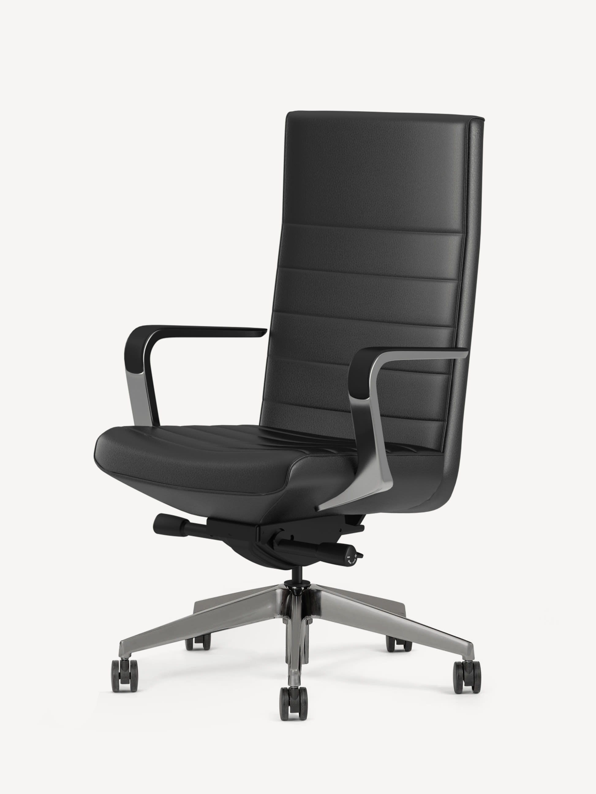 Three-quarter view of the adjustable Gunlocke Avoca executive chair with silver frame and black upholstery.