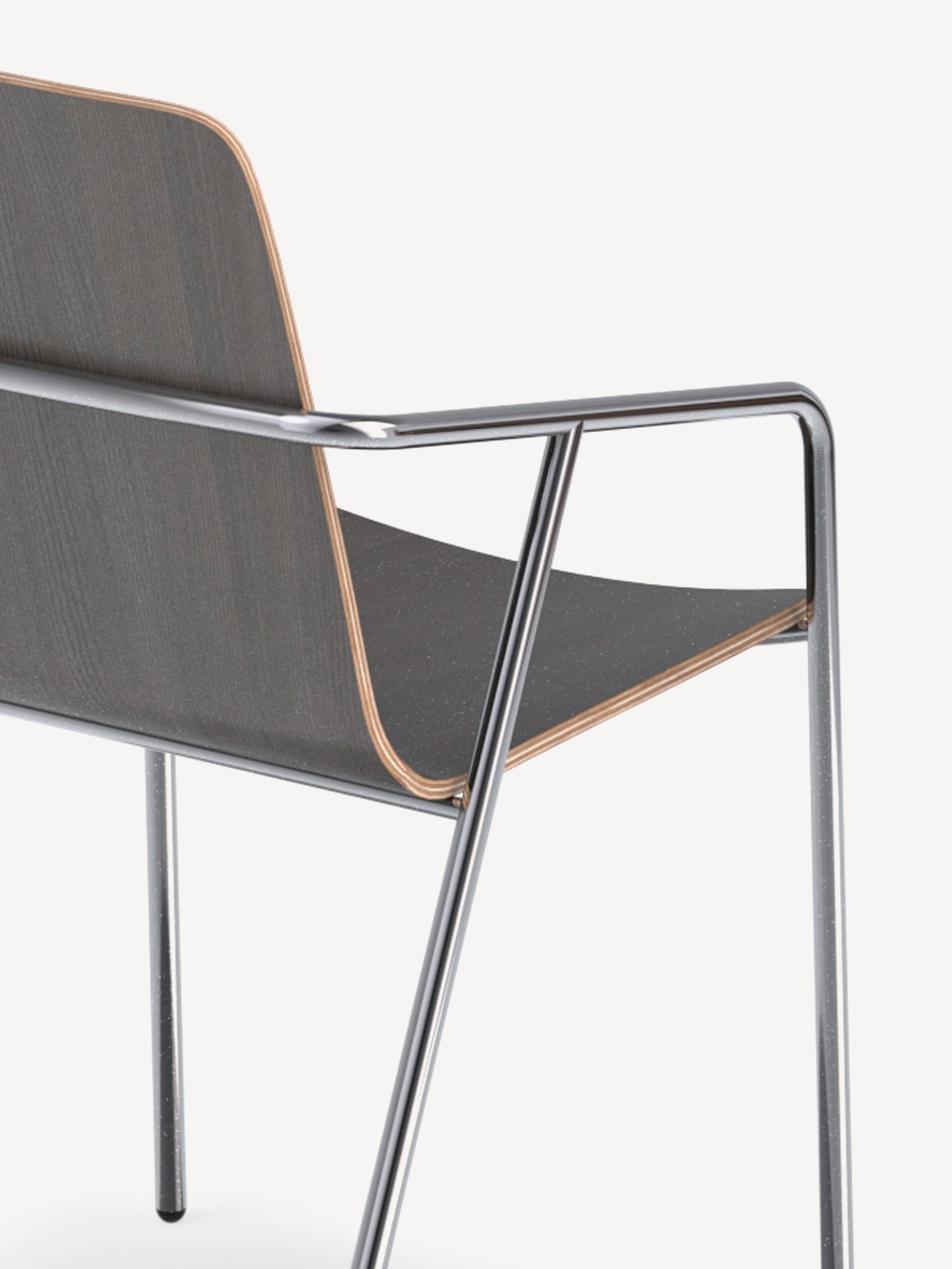 Detail view of the back of a 4-leg Liv side chair with chrome frame and skyline walnut shell.