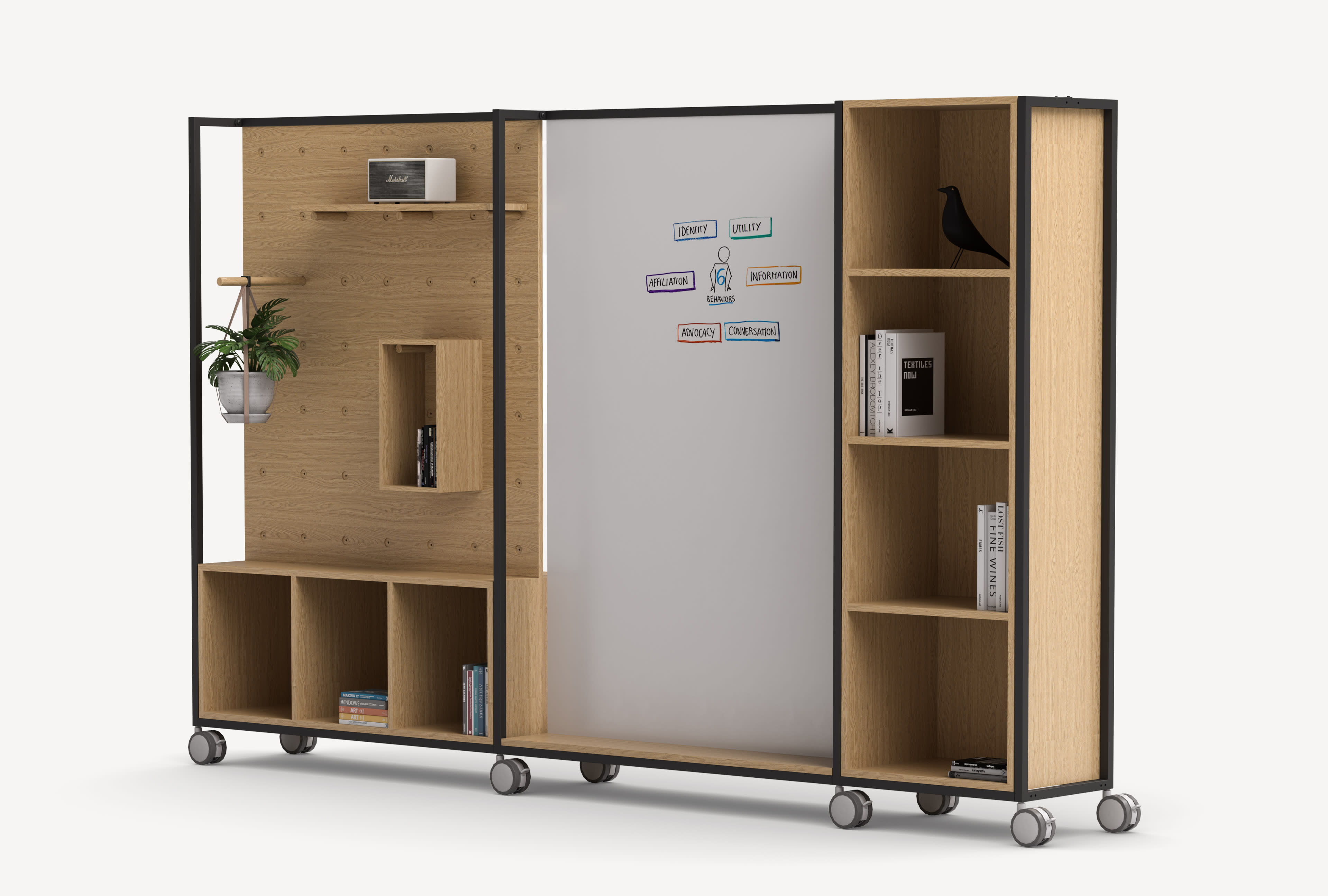 Coral Mobile Trellis in the Collaborator configuration with a peg board, long shelf, book shelf and short cubby on the left, a whiteboard with plinth base in the center and a tall cubby on the right all in white oak with a black frame.