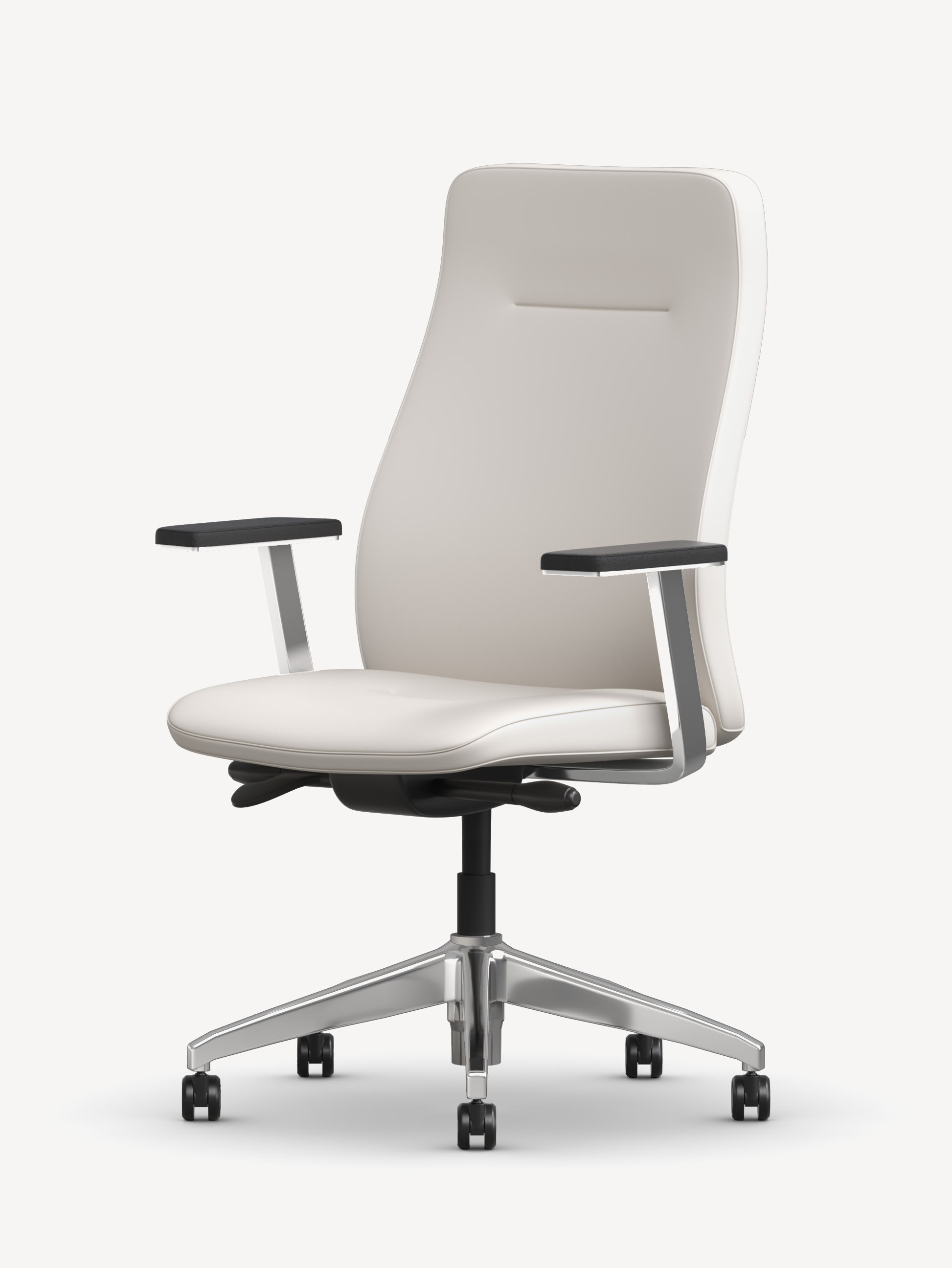 Three-quarter view of the adjustable Olla executive office chair with silver base, casters and white upholstery.