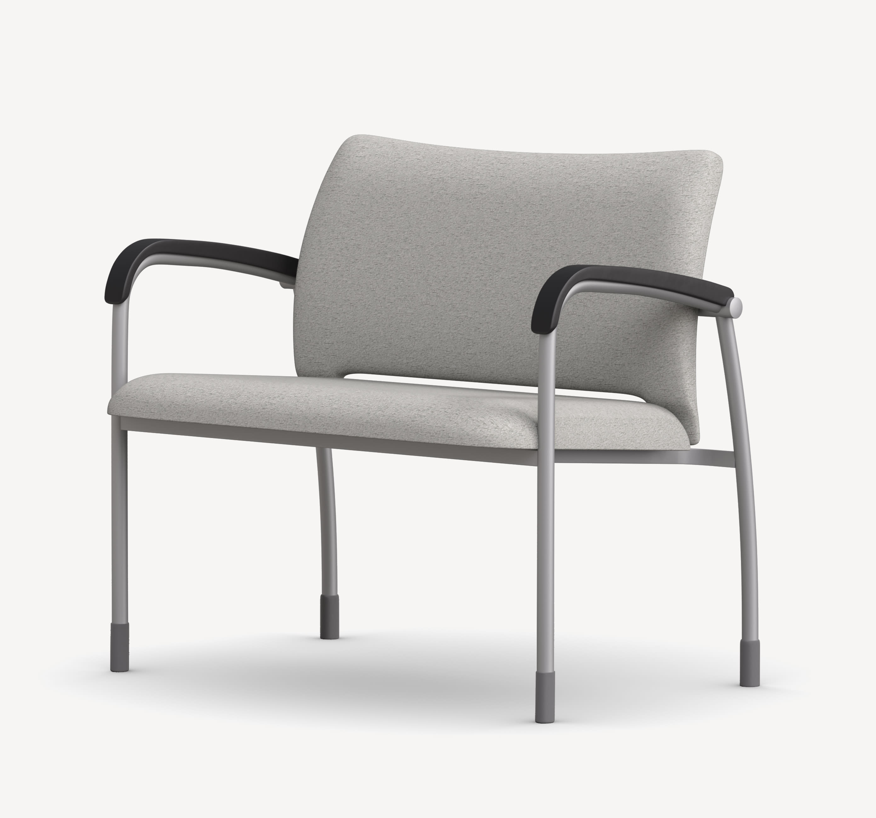 Three-quarter view of the Molti Bariatric side chair with black armrests, silver frame and light grey upholstery.