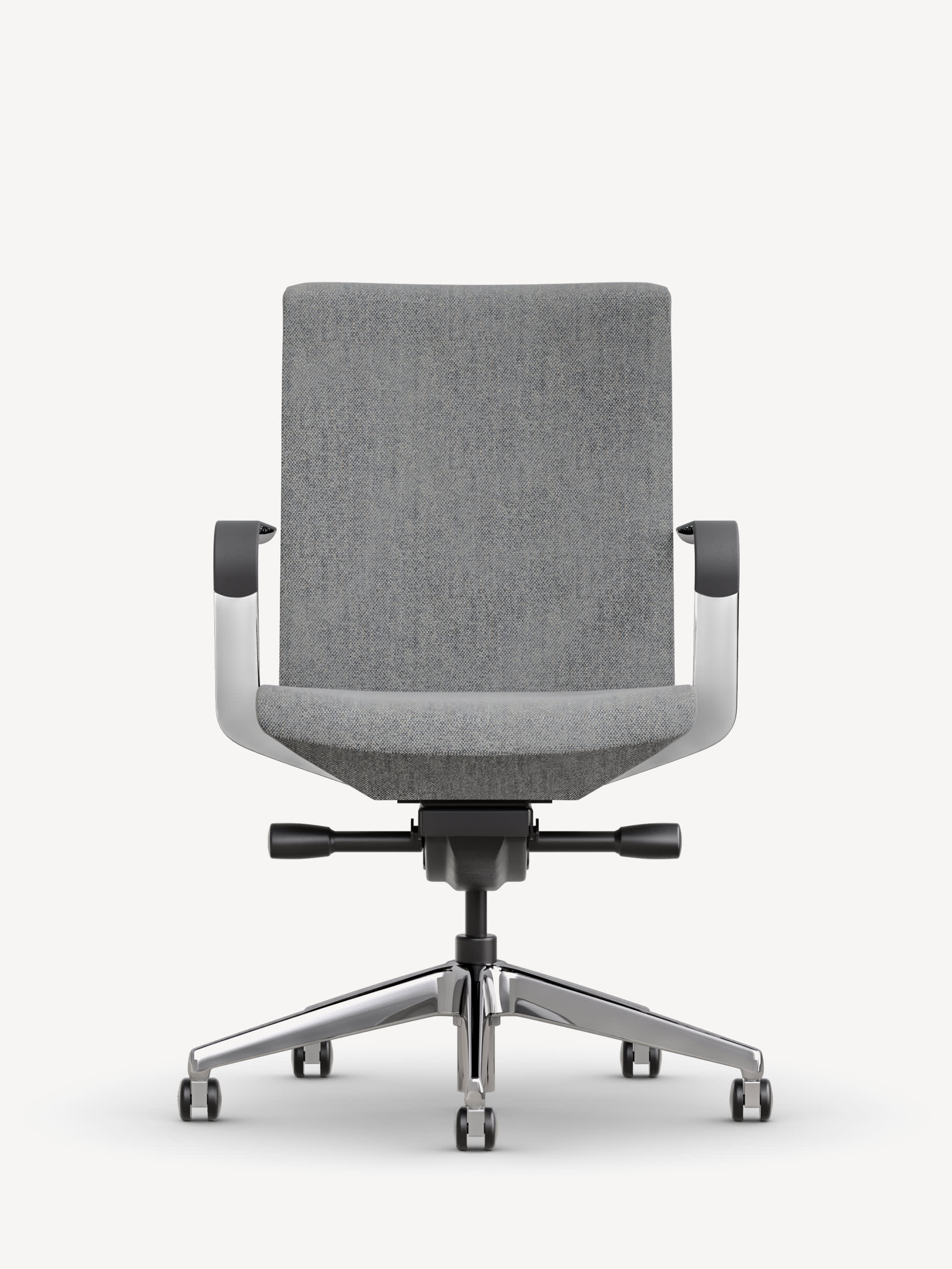 Front view of the adjustable Gunlocke Avoca office chair with silver frame and grey upholstery.