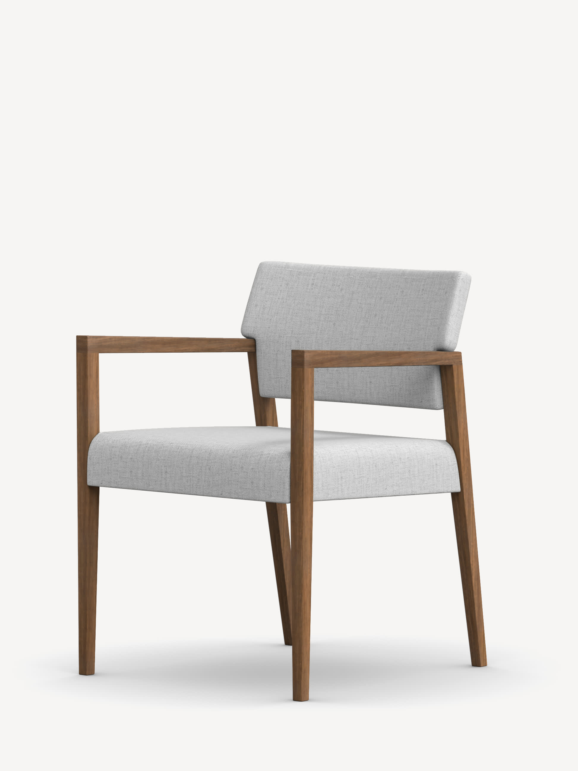 Three-quarter view of the Gunlocke Camille guest armchair with wood frame, open armrests and light grey upholstery.