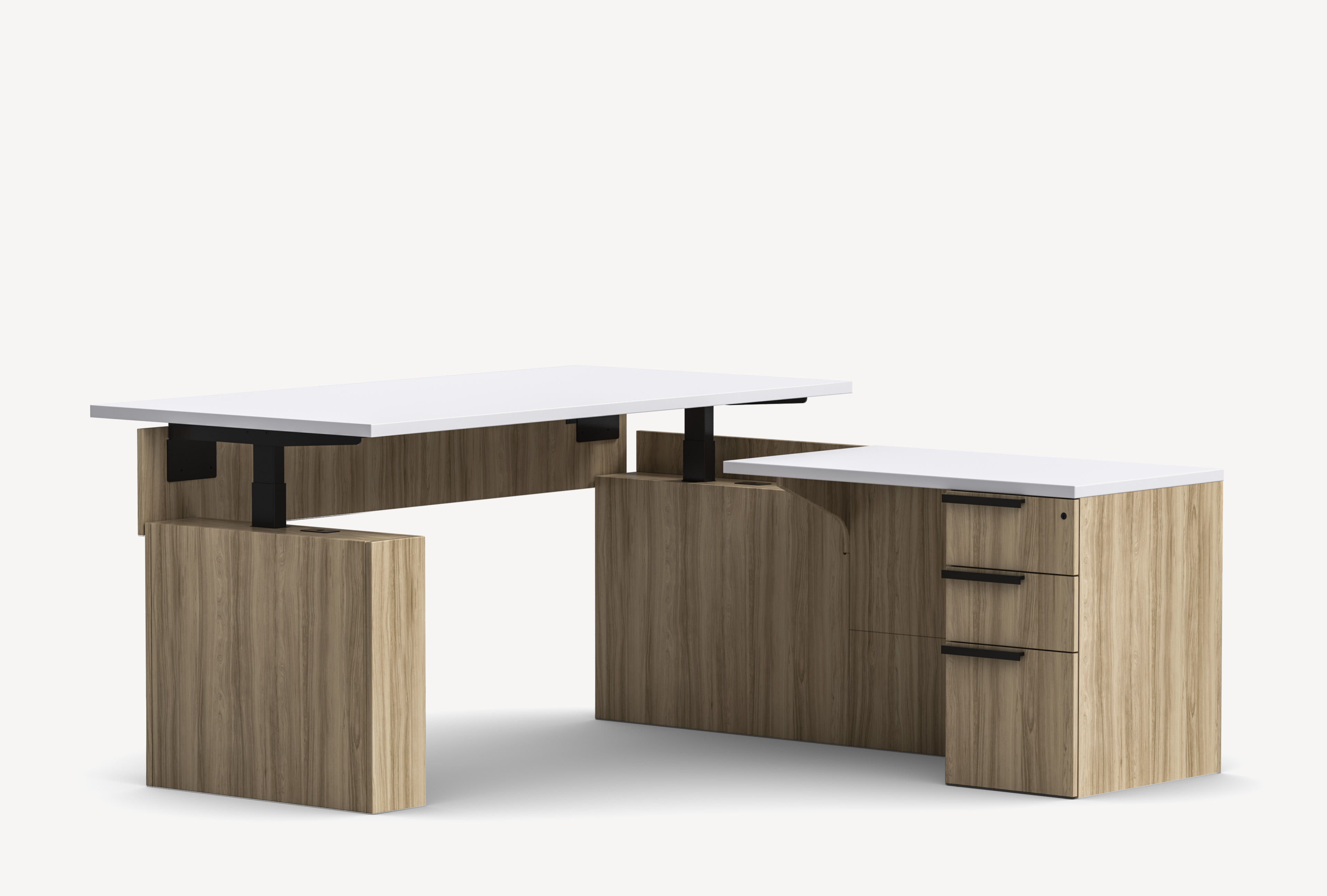 Gunlocke Silea executive desk configuration with raised section, white table top and light wood frame.