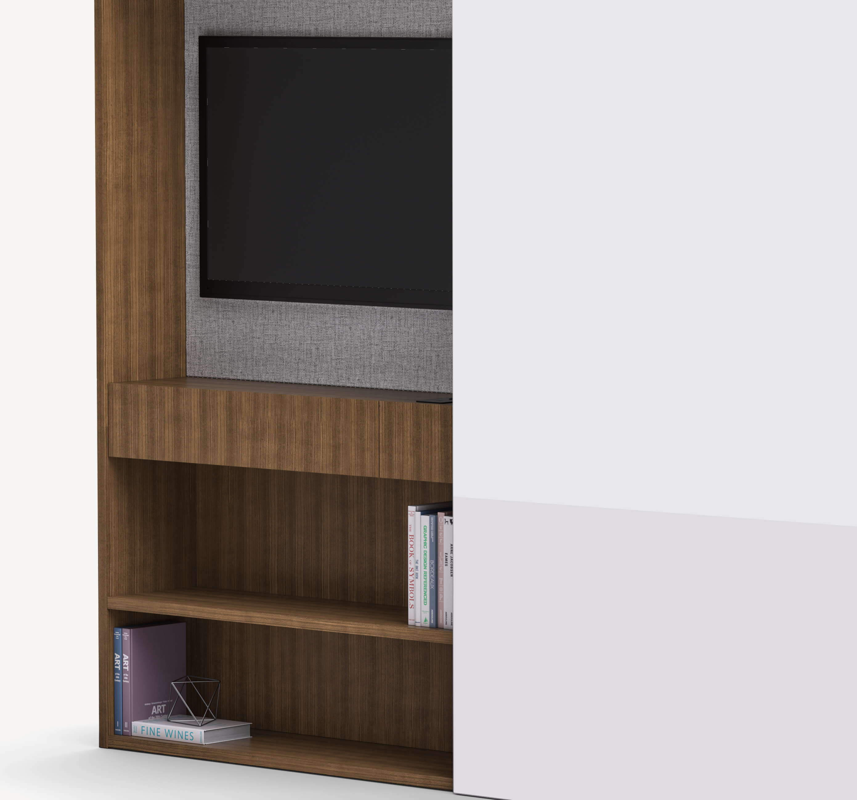 Detail view of the Gunlocke Silea Work Wall with closet on the left-hand side with a white door and brown wood TV mount on the right side above a shelf.