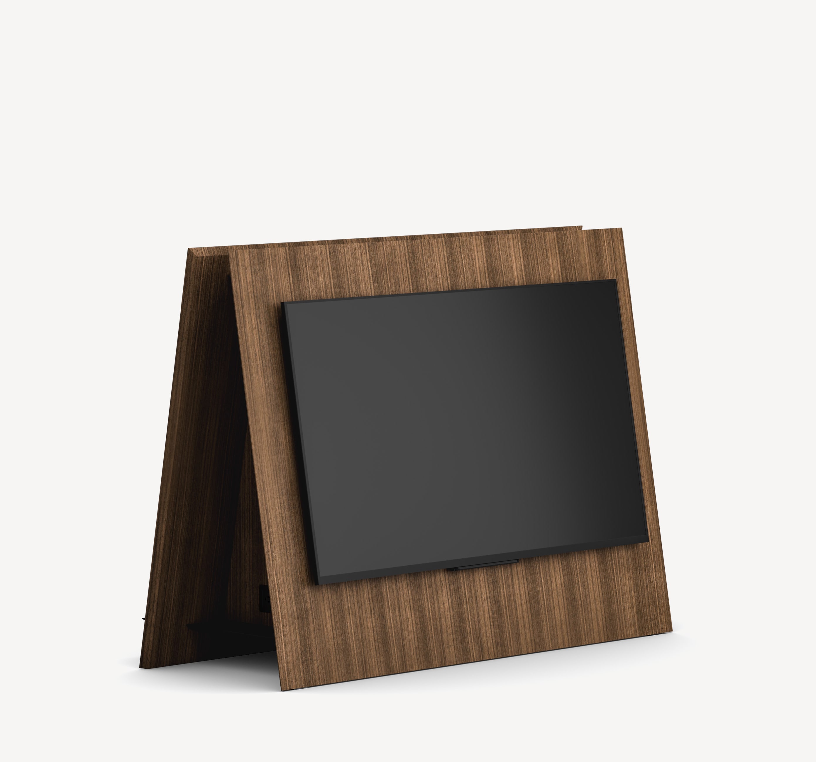 Three-quarter front view of the Gunlock Silea Lounge Level Media Unit in brown wood.