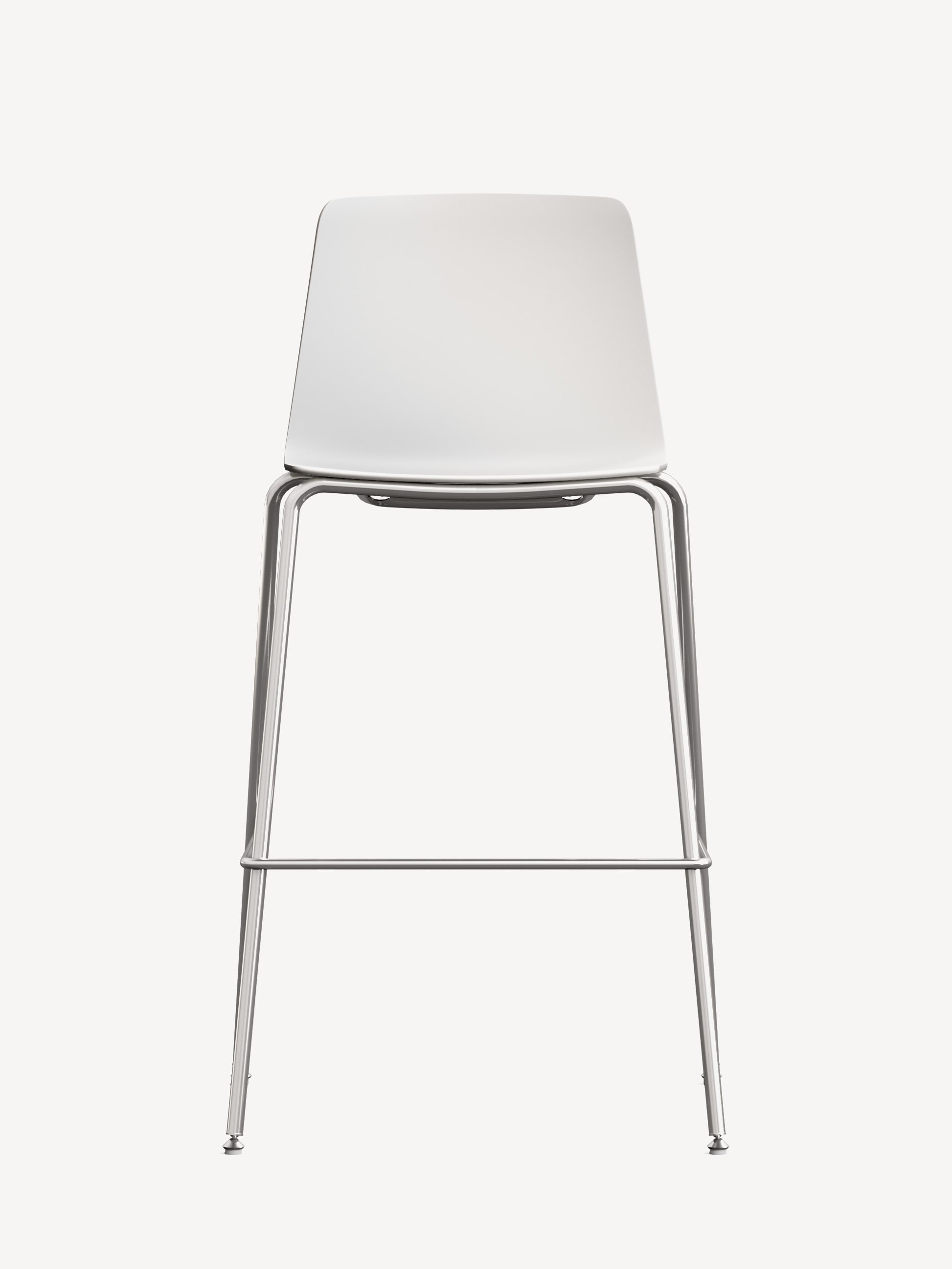 Front view of the 4-leg vicinity bar stool with a chrome frame and white polymer shell.