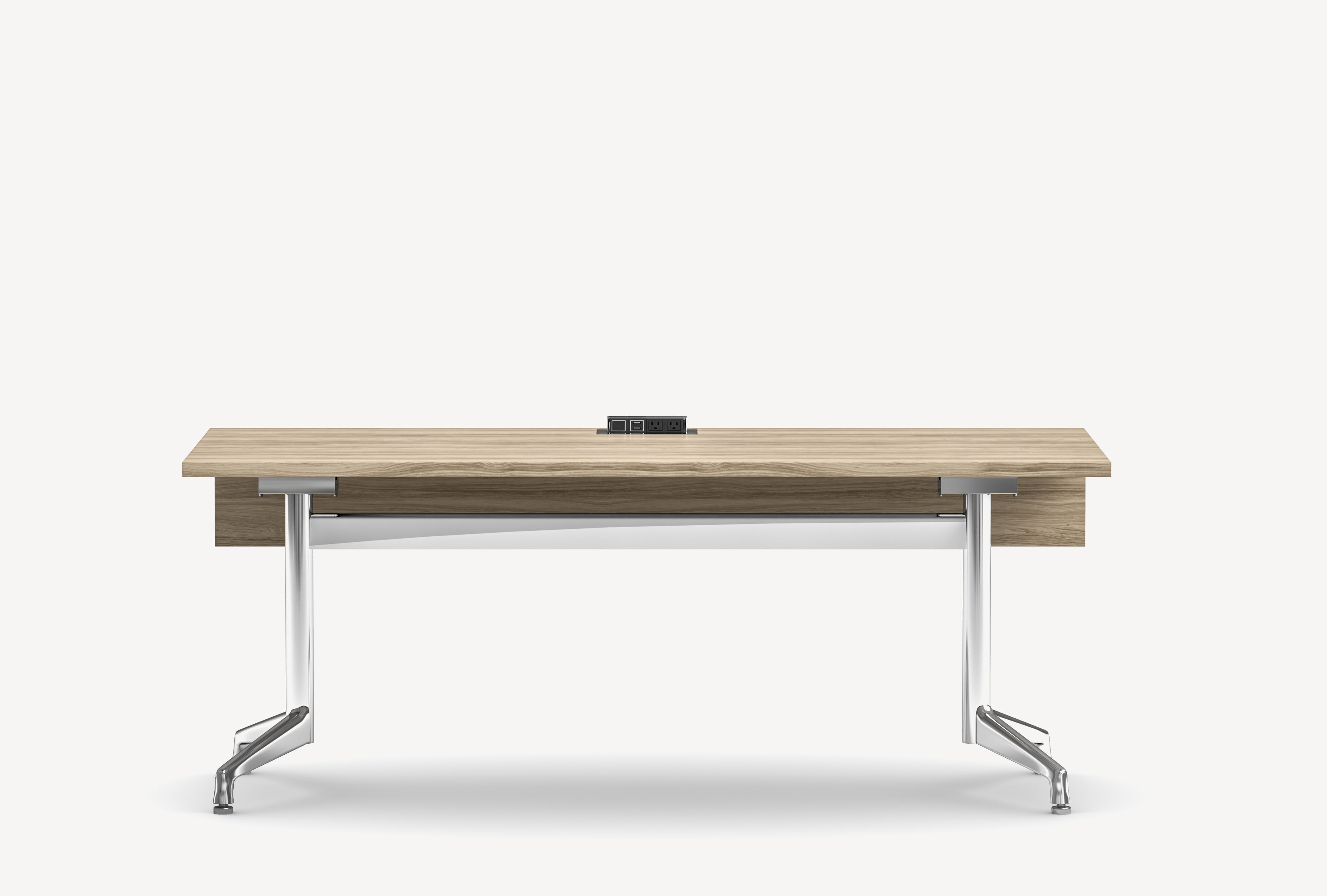 Front view of the Gunlocke Briefing training table with light wood top, exposed power cutout, modesty panel, wire management and metal Y base.