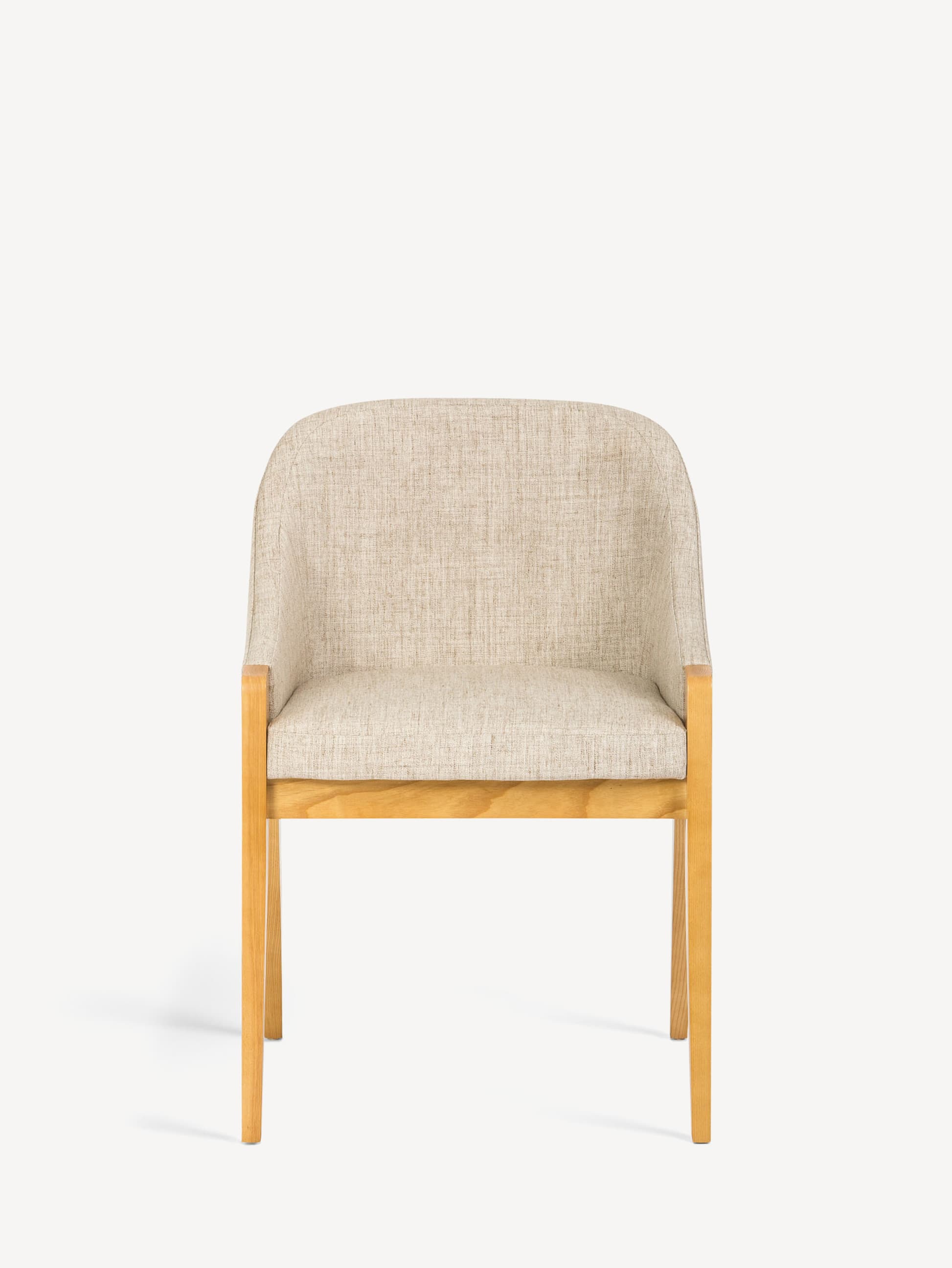 Front view of the Calia side chair with light wood frame and light beige upholstery.