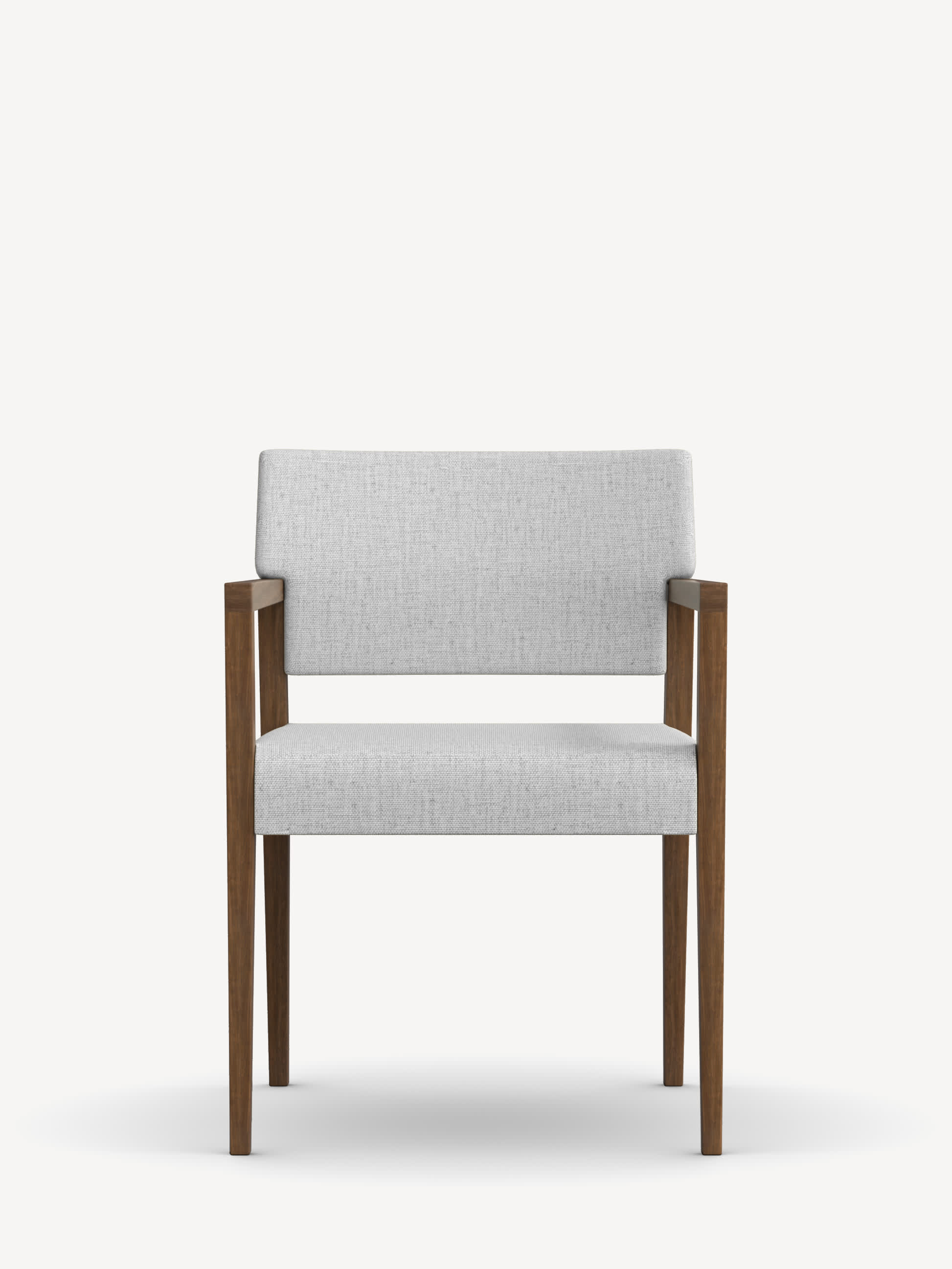 Front view of the Gunlocke Camille guest armchair with wood frame, open armrests and light grey upholstery.