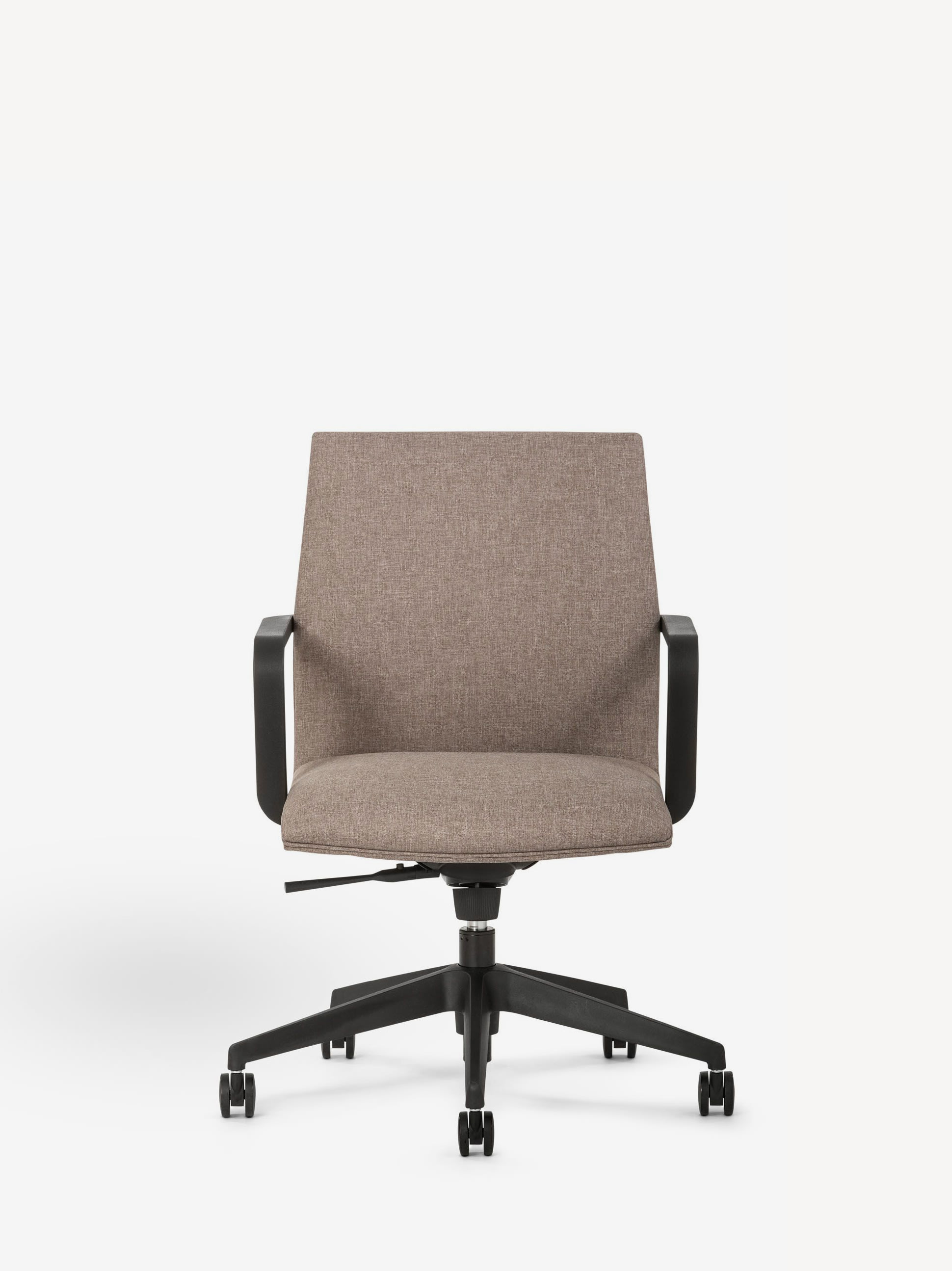 Front view of the Gunlocke Geneva office chair with height-adjustable black base and mauve upholstery.