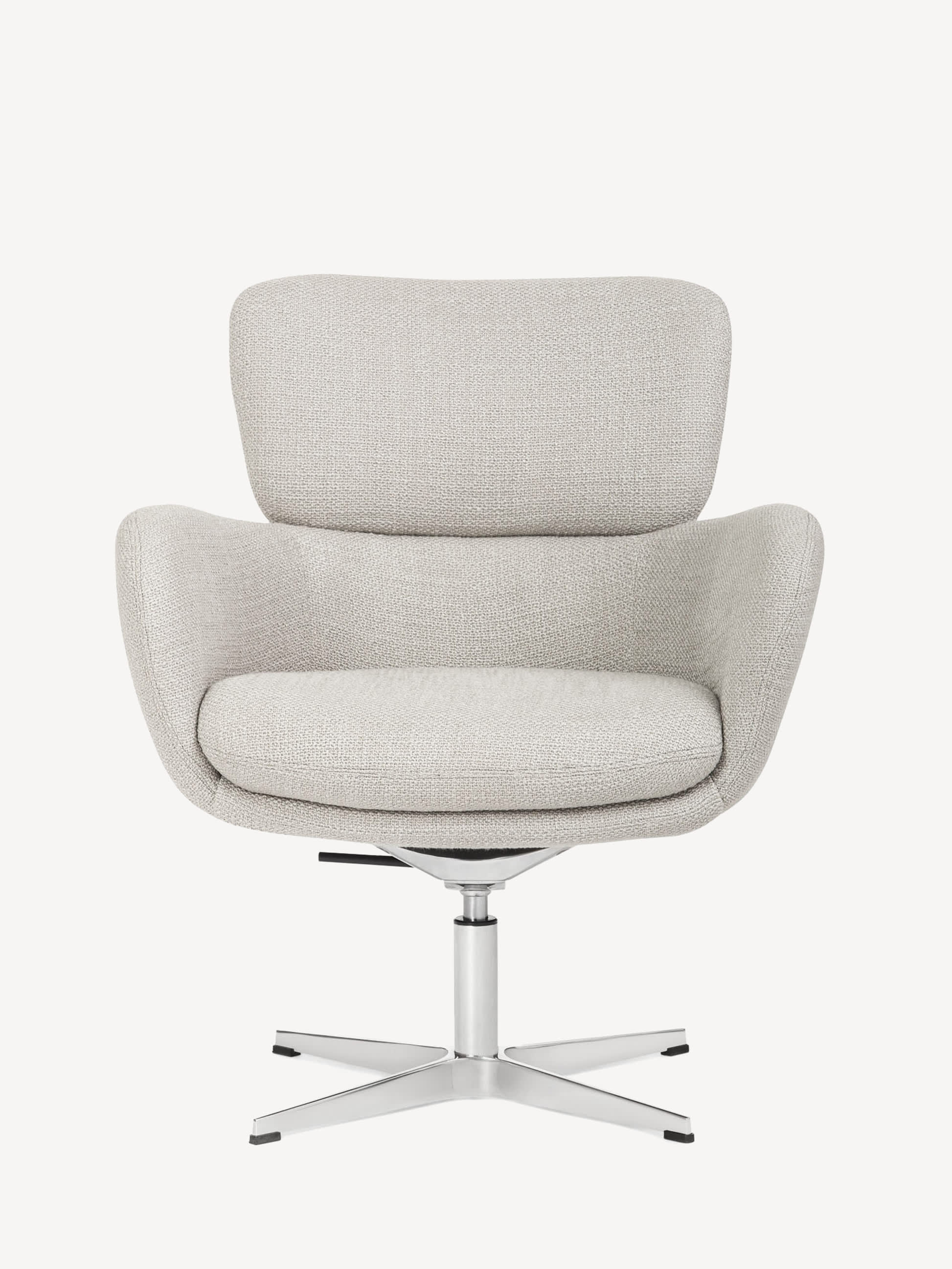 Front view of the height-adjustable Gunlocke Iris lounge chair with aluminum metal base and light grey upholstery.
