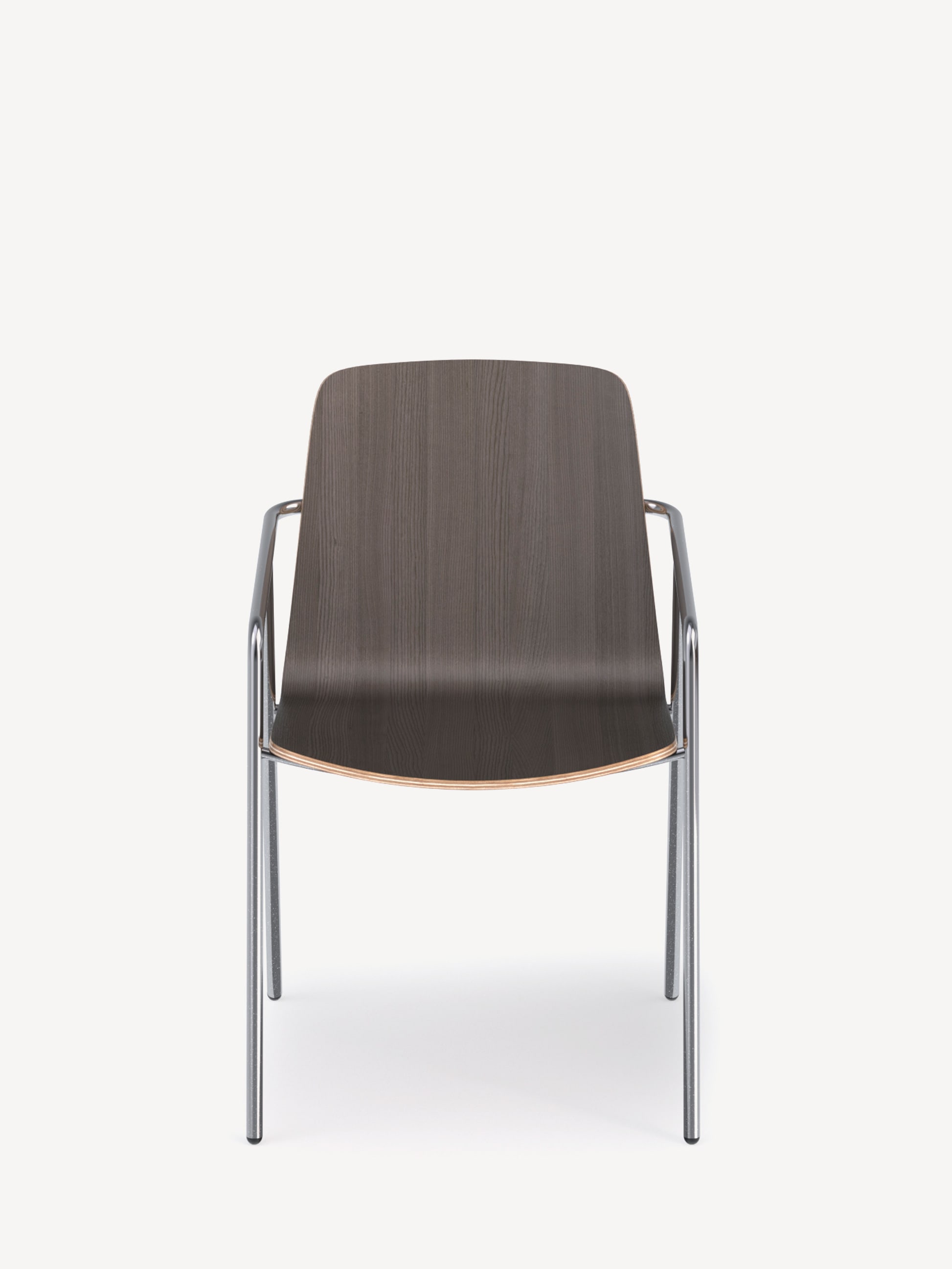 Front view of the 4-leg Liv guest armchair with chrome frame and skyline walnut shell.