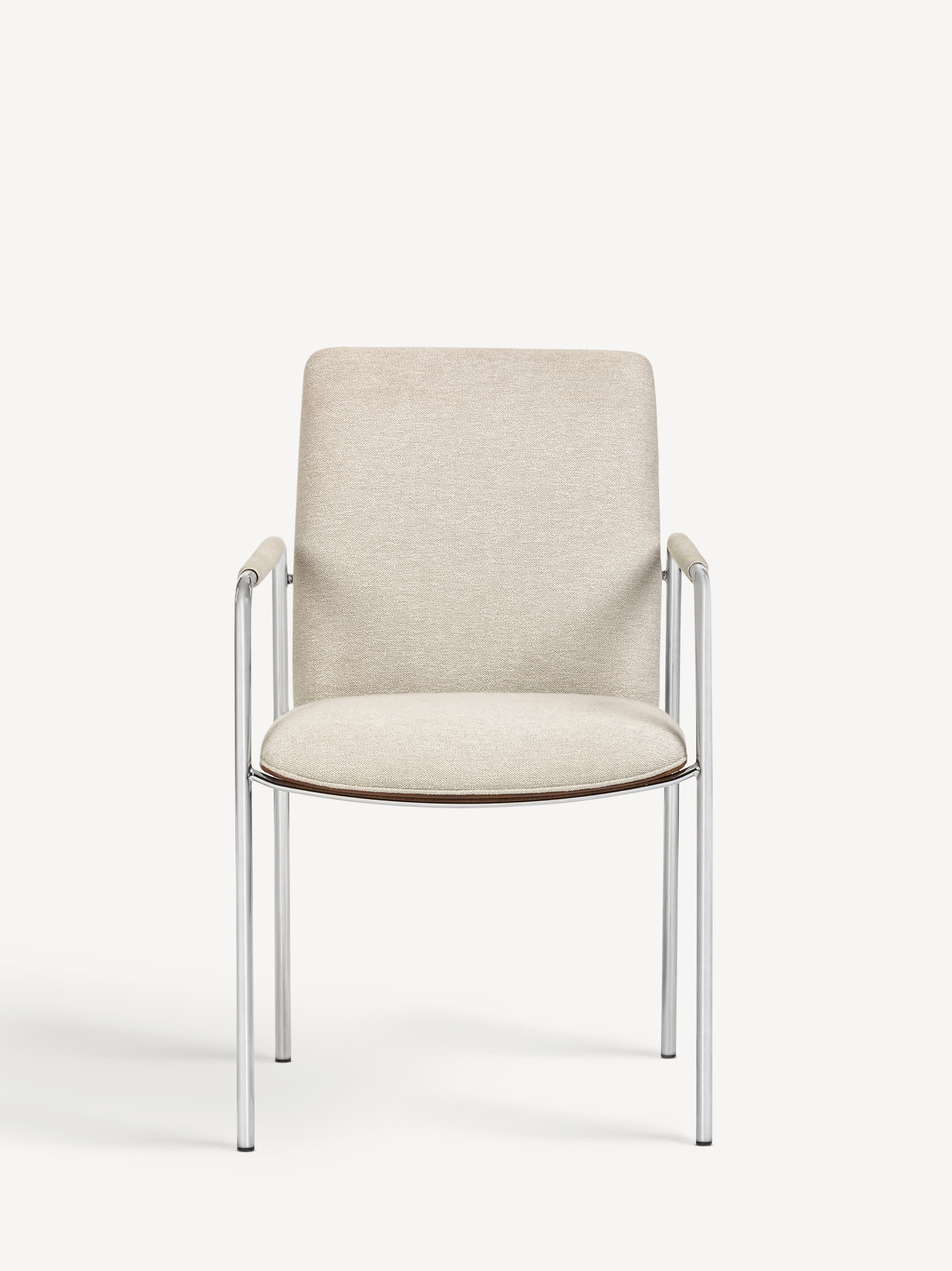 Front view of the Gunlocke Metta guest armchair with silver frame, front upholstered in off-white fabric with off-white upholstered arm pads and wood back.