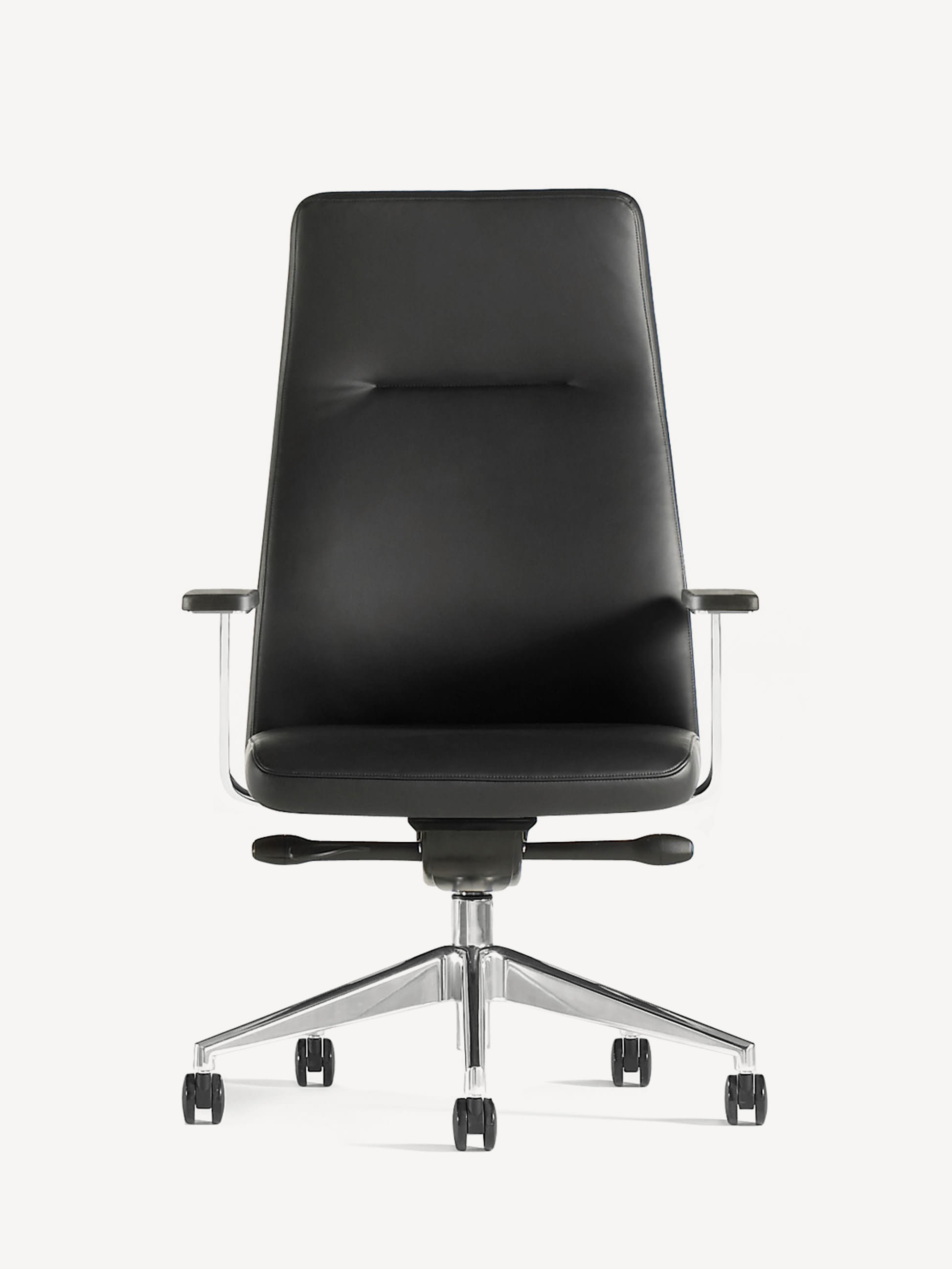 Front view of the adjustable Olla conference chair with silver base, casters and black leather upholstery.