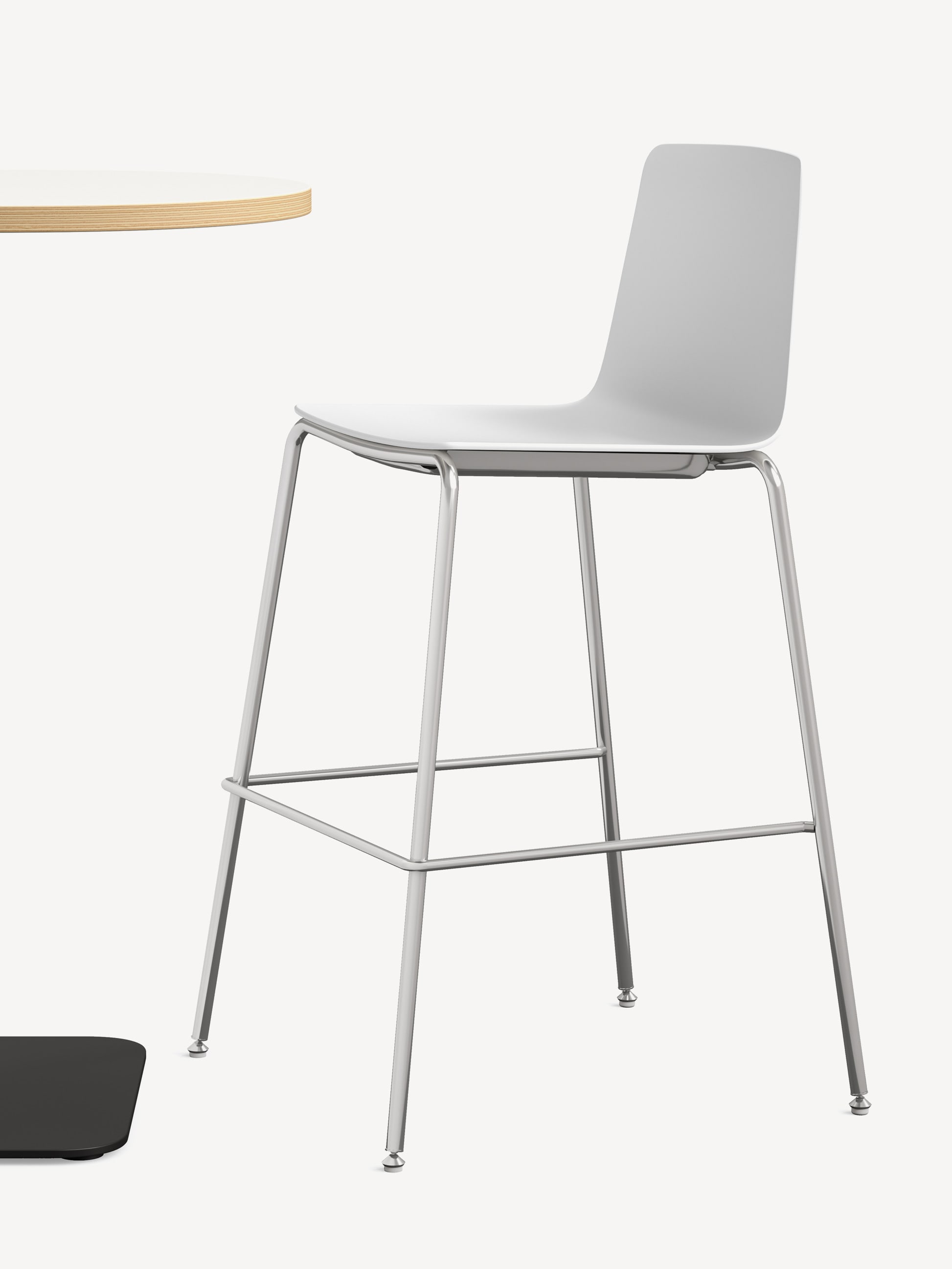Three-quarter view of the 4-leg vicinity bar stool with a chrome frame and white polymer shell.