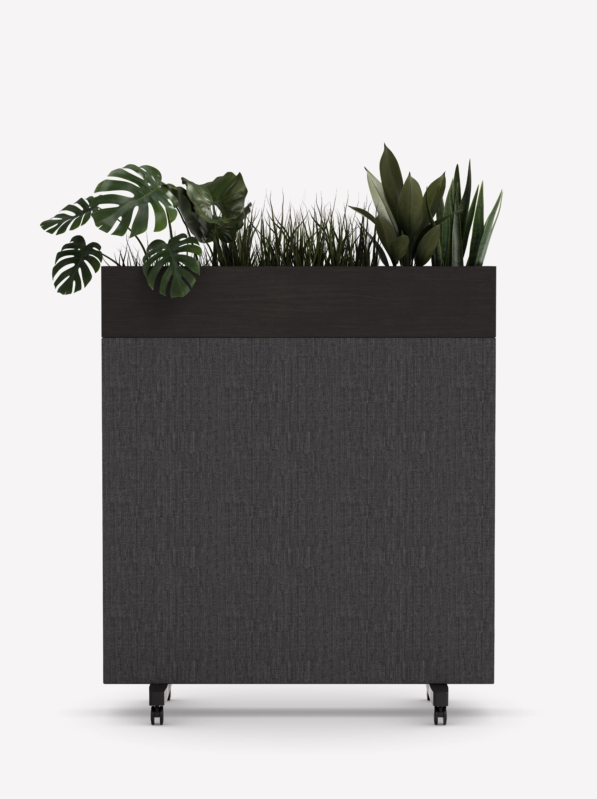 Zilenzio Zorla Mobile Sound-Absorbing Floor Planter with dark grey fabric, black ash veneer plant box and black wheels.