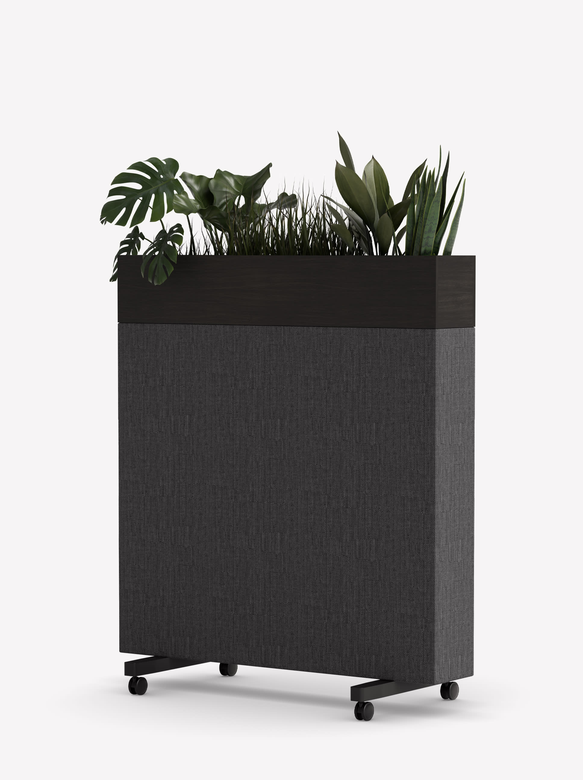 Zilenzio Zorla Mobile Sound-Absorbing Floor Planter with dark grey fabric, black ash veneer plant box and black wheels.