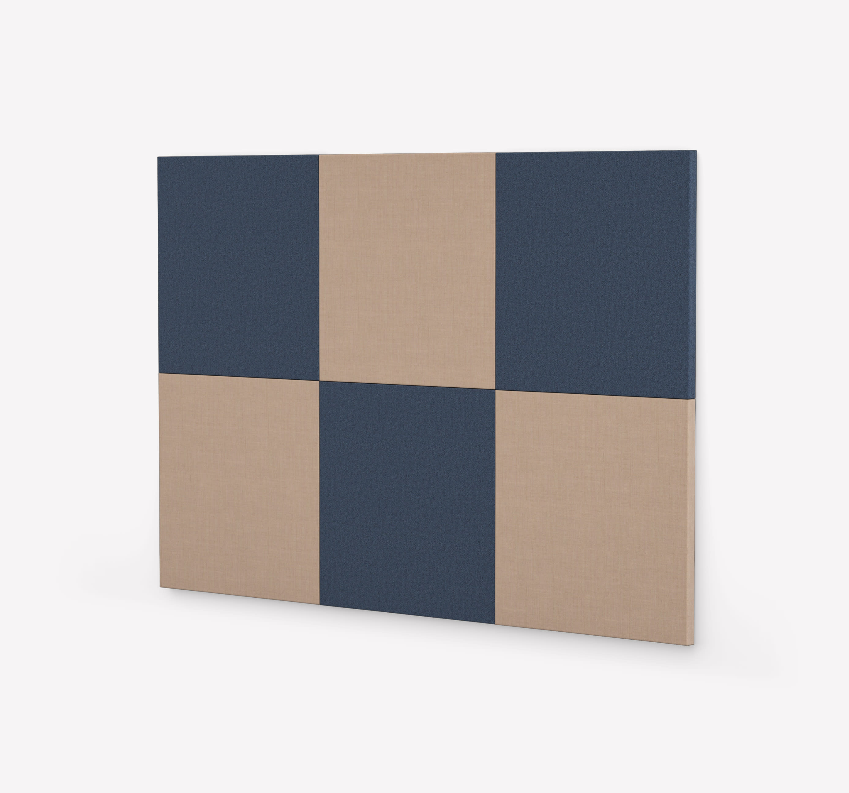 Zilenzio Dezibel Sound-Absorbing square wall panels set up in a checkered pattern in navy and beige upholstery.