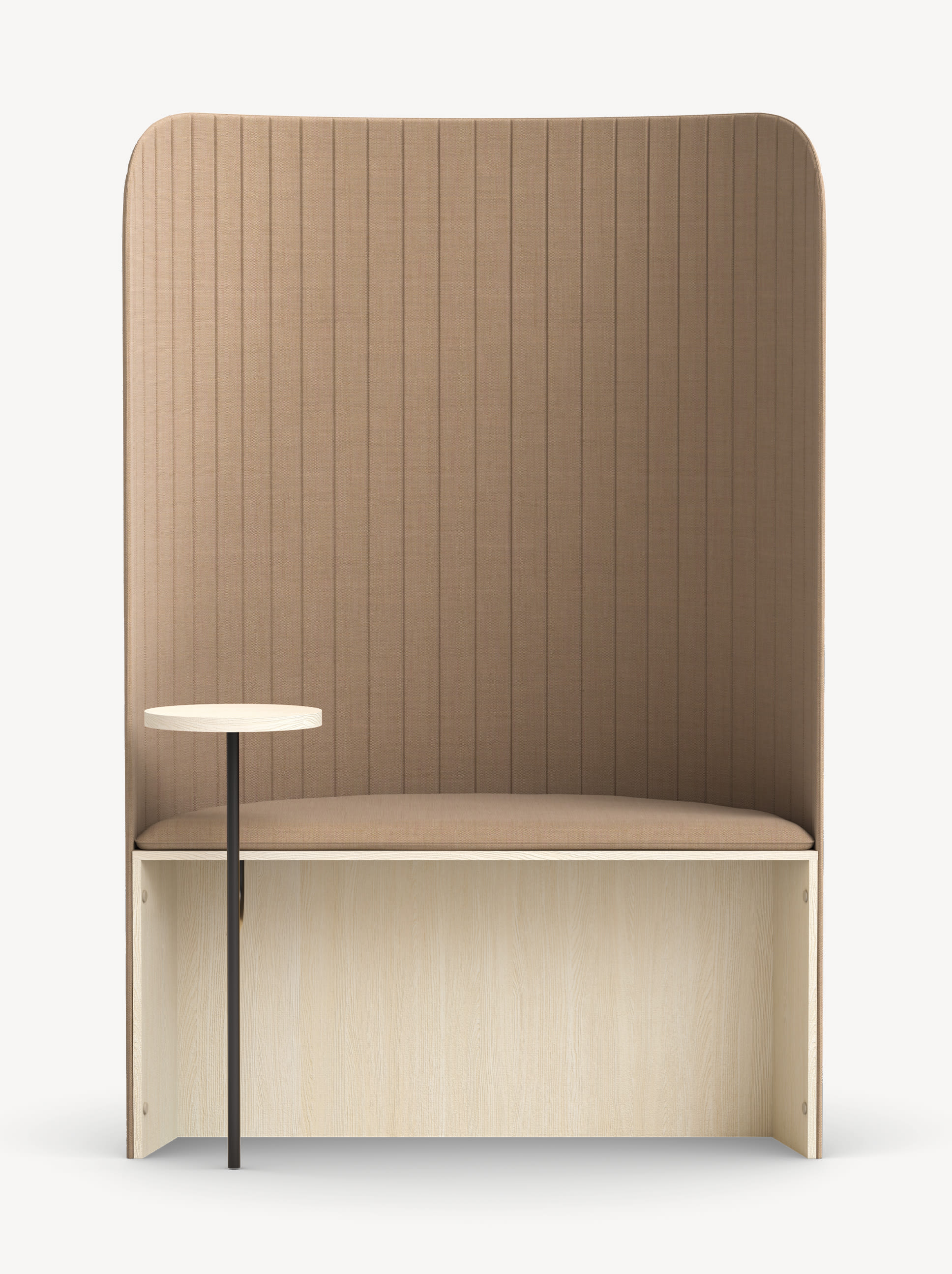 Front view of the Zilenzio Focus lounge pod with light wood base and light brown upholstery with an attached wood top and black base side table.