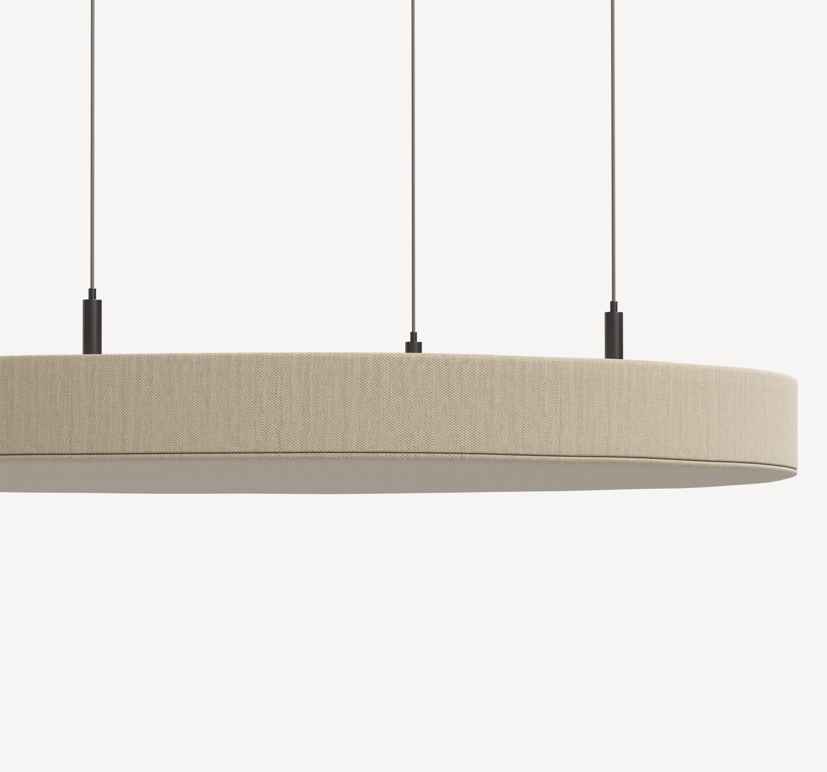 Zilenzio Dezibel Circle Ceiling Absorber in light beige upholstery, hanging via three black wires.