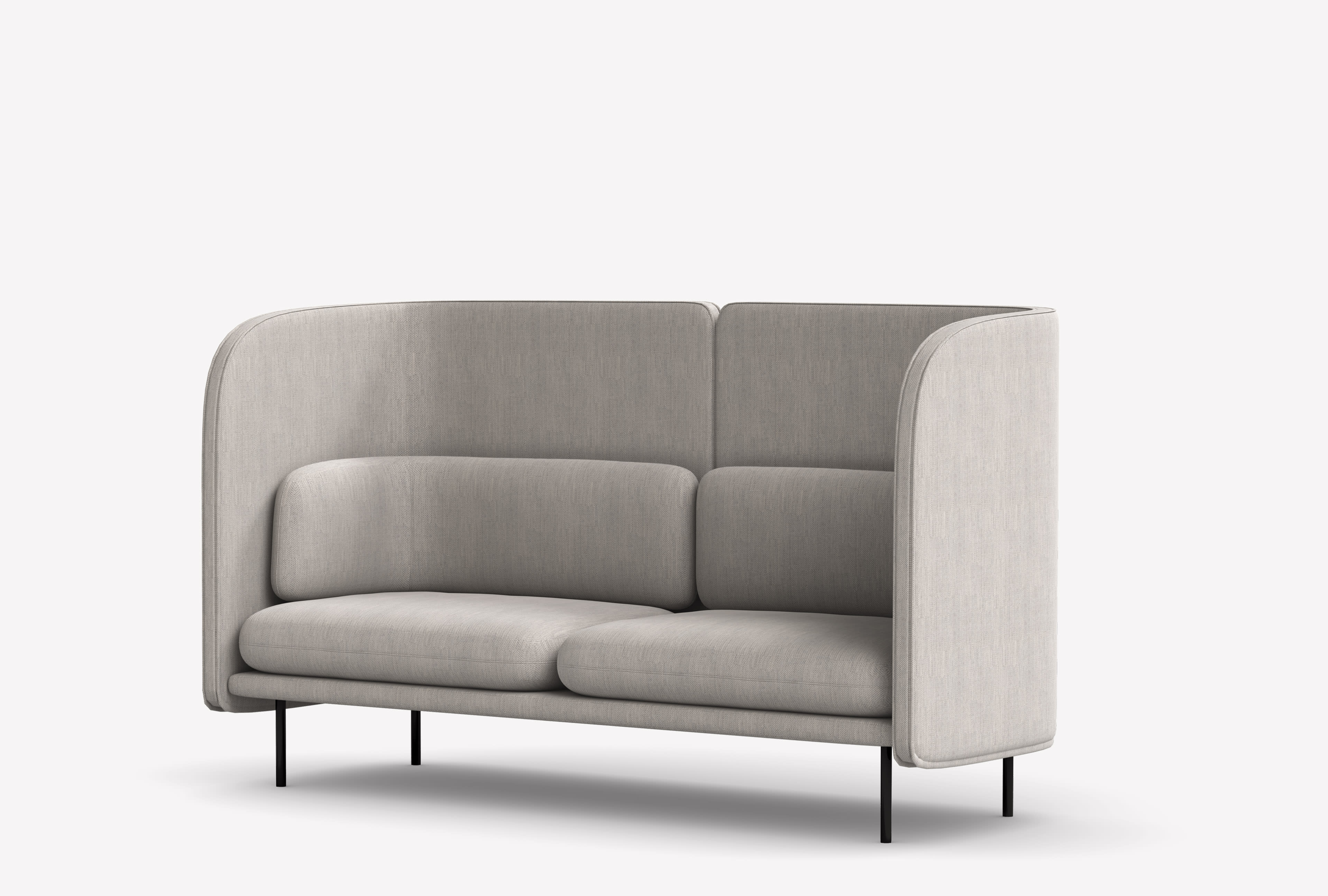 Three-quarter front view of the Zilenzio 2-seater Tune sound-absorbing sofa with black legs and light grey upholstery.