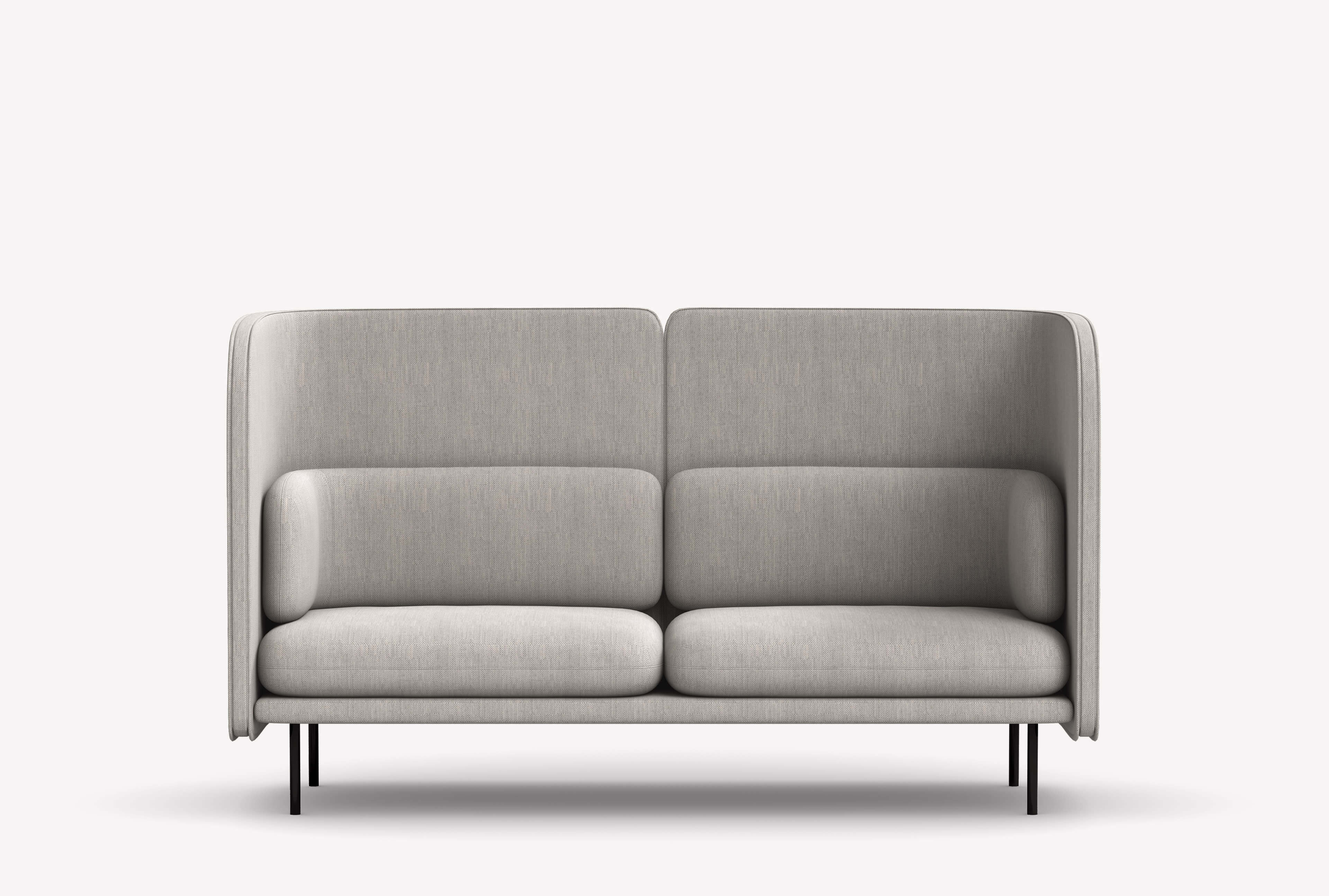 Front view of the Zilenzio 2-seater Tune sound-absorbing sofa with black legs and light grey upholstery.