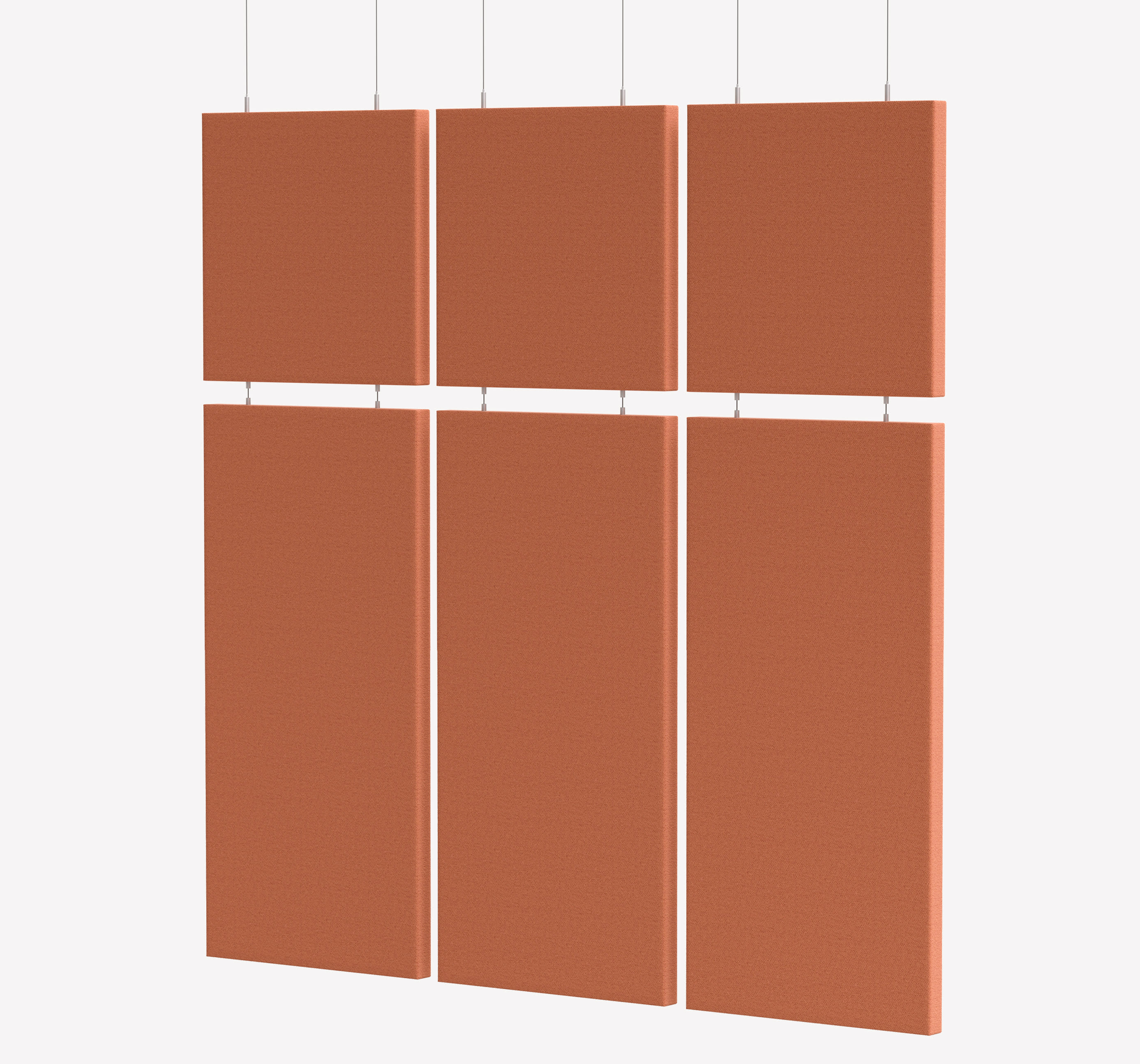 Zilenzio Dezibel Sound-Absorbing Ceiling Divider in three panels in burnt orange, suspended via wires at two inch intervals.