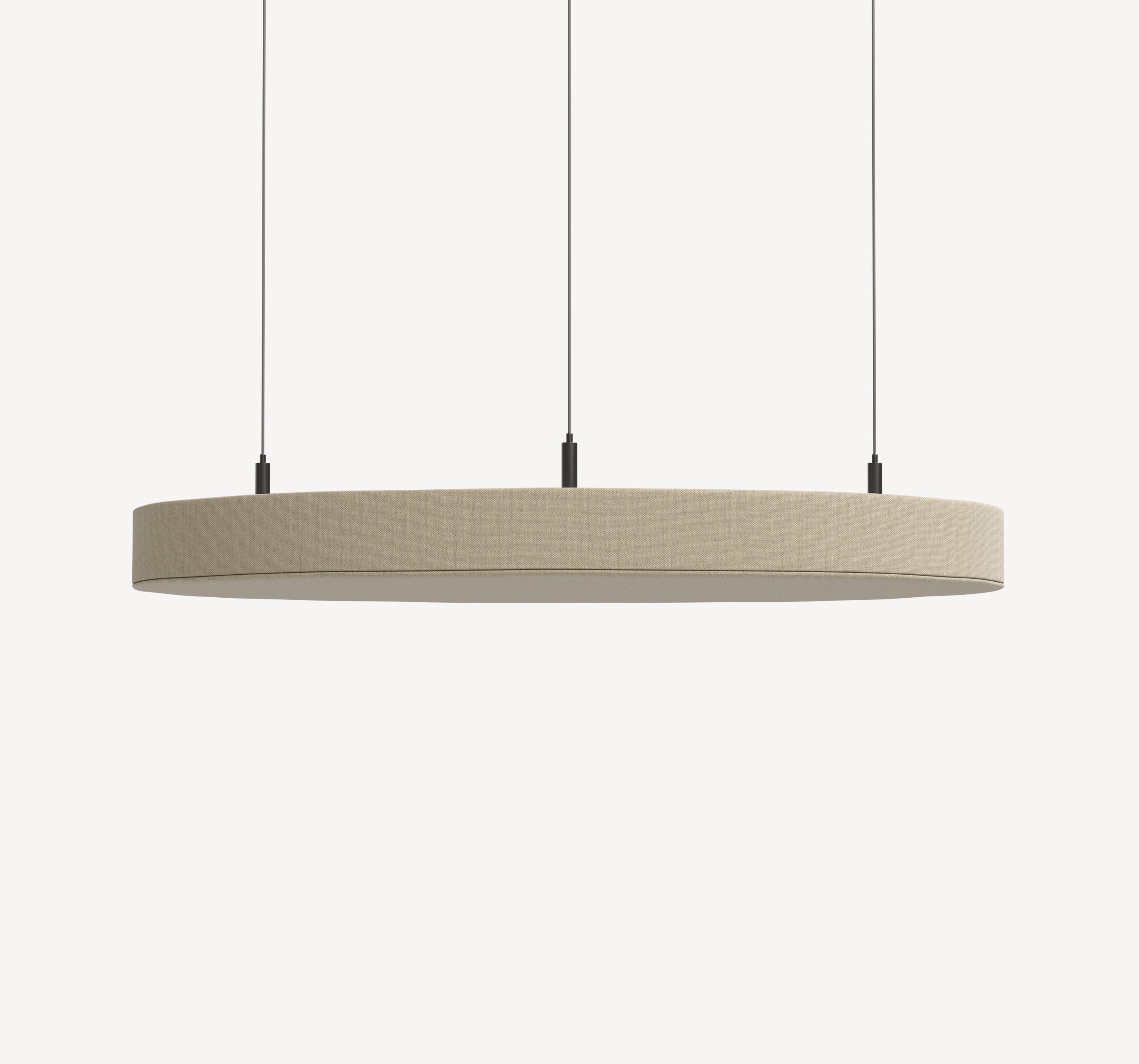 Zilenzio Dezibel Circle Ceiling Absorber in light beige upholstery, hanging via three black wires.