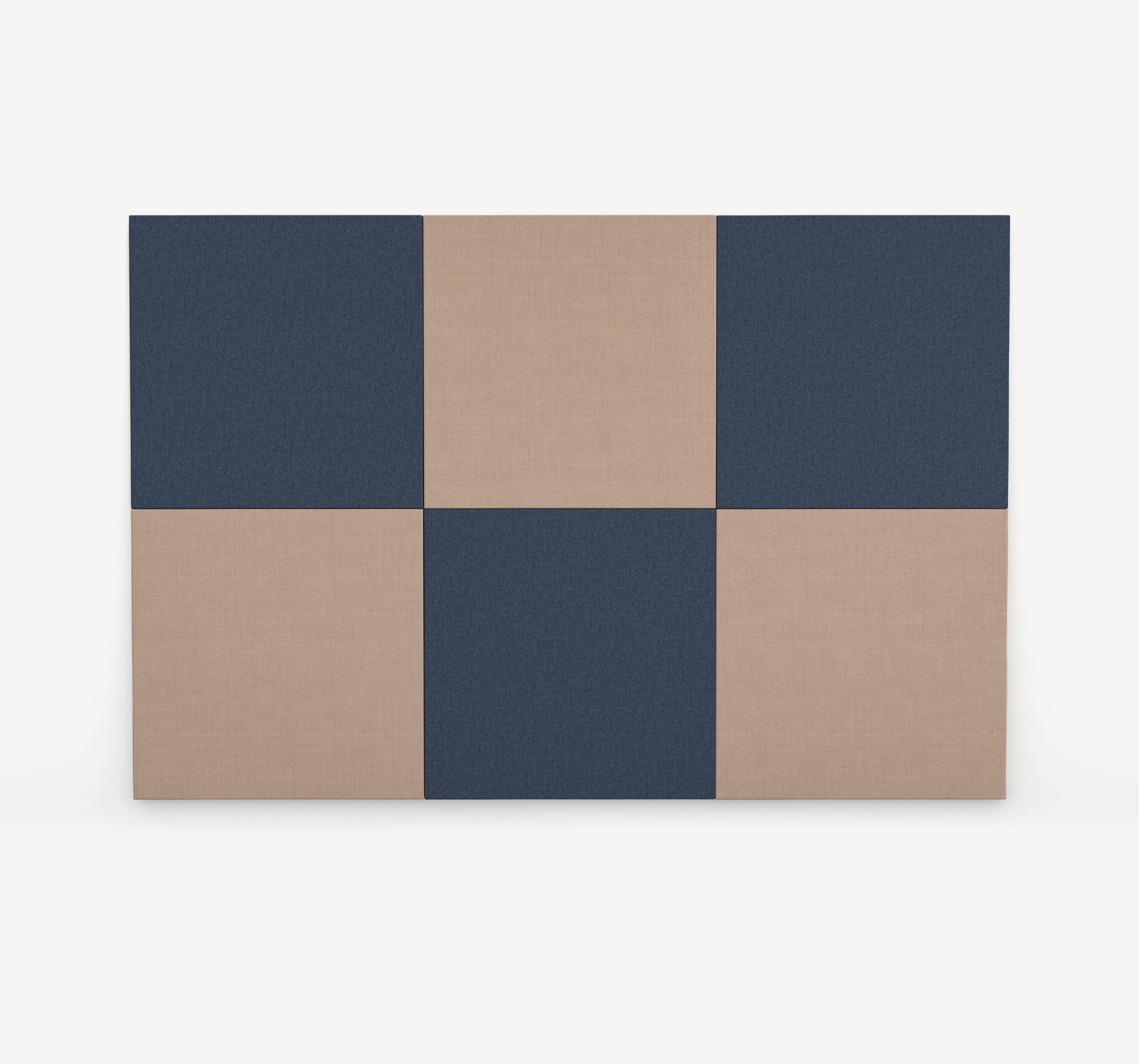 Zilenzio Dezibel Sound-Absorbing square wall panels set up in a checkered pattern in navy and beige upholstery.