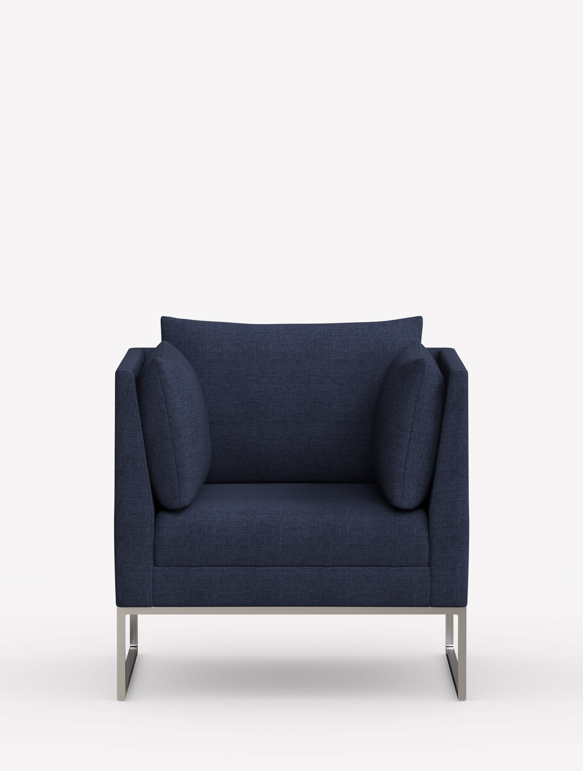 Front view of the Gunlocke Calm club chair with silver sled base and navy blue upholstery.