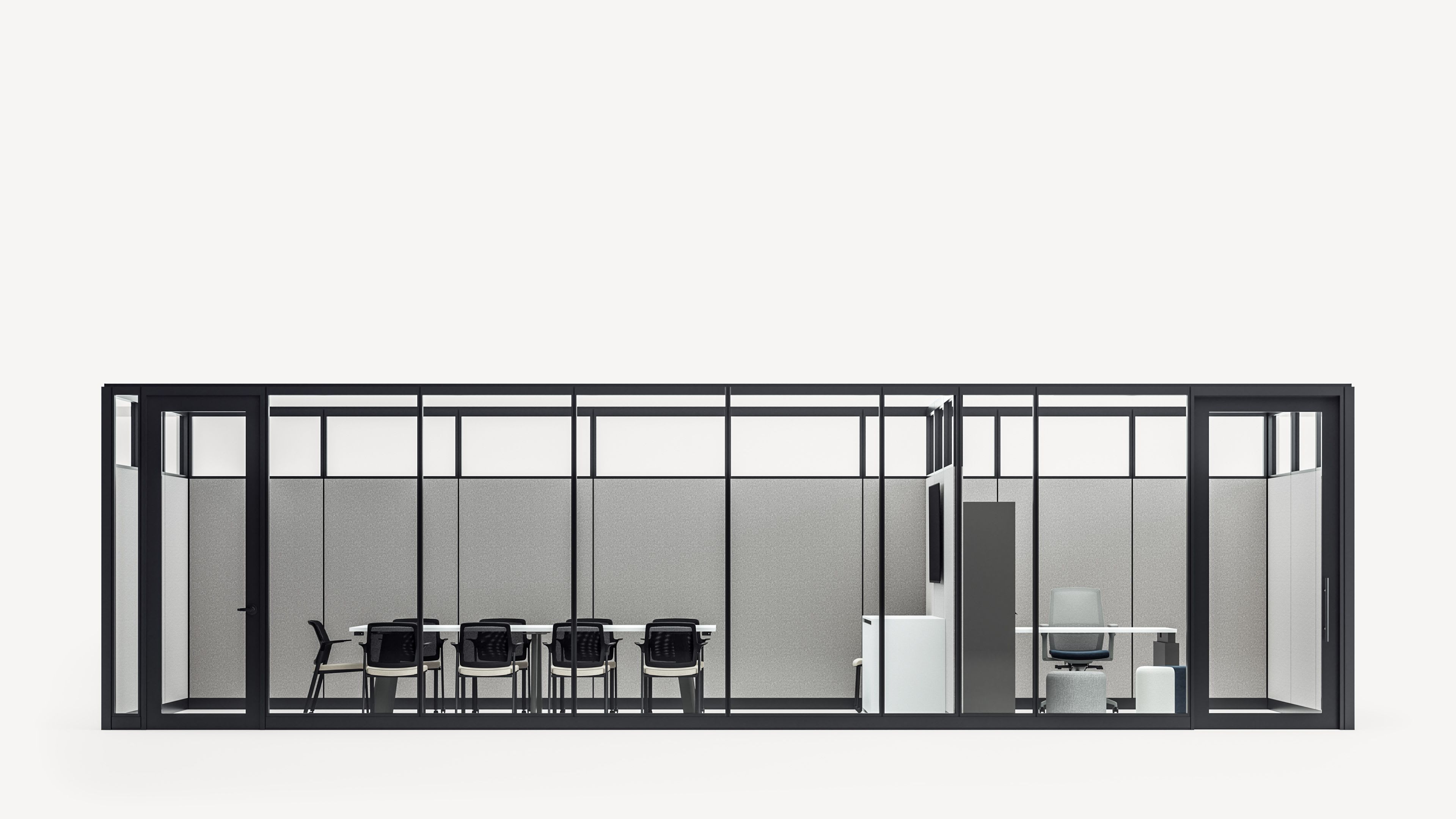 Beyond Moveable Architectural Walls set up in a split, office and conference configuration with sound absorbing walls and a tech integrated wall in the conference.