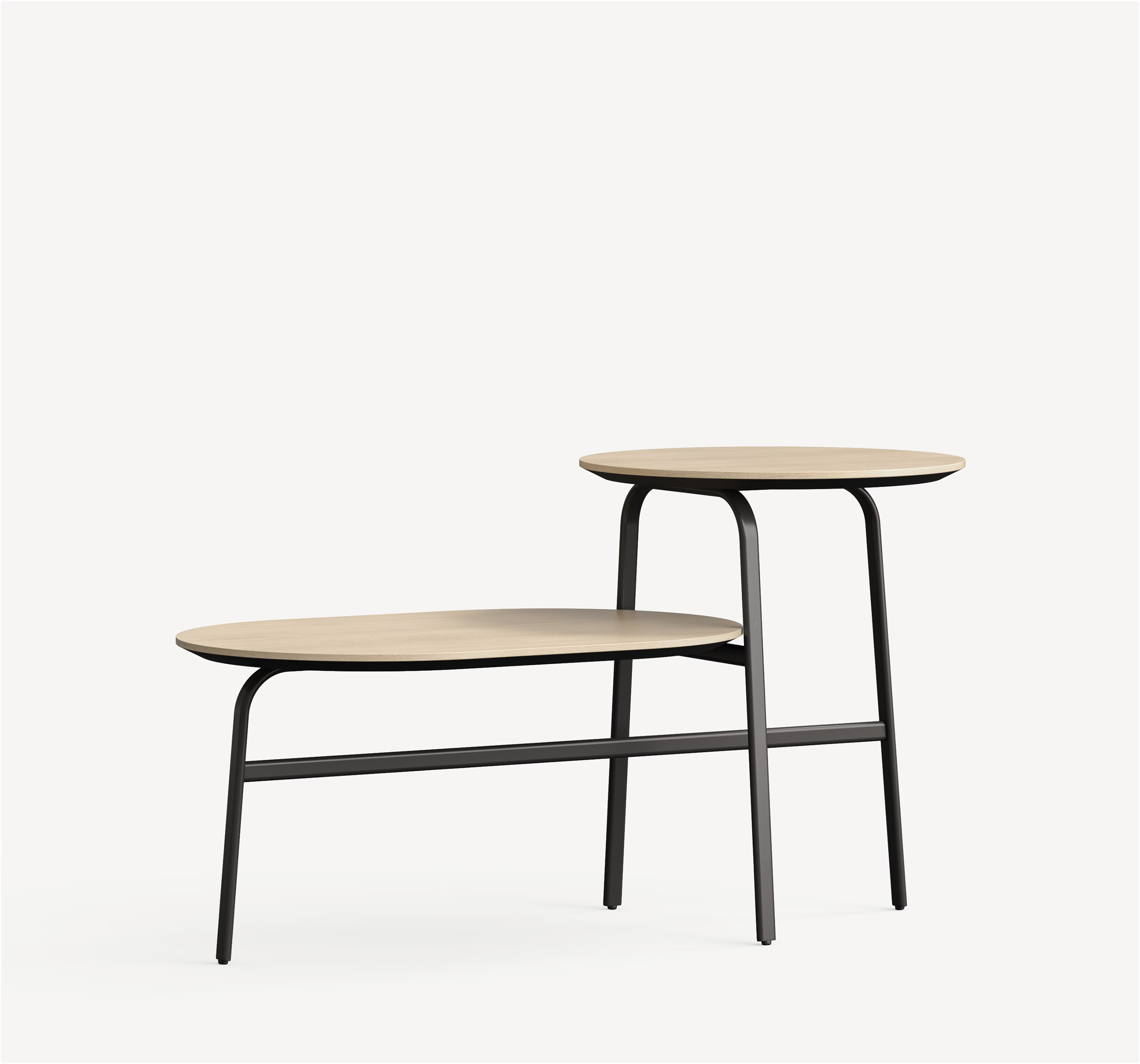 Front view of the Park Hi Lo occasional table with light wood tops and black frame.