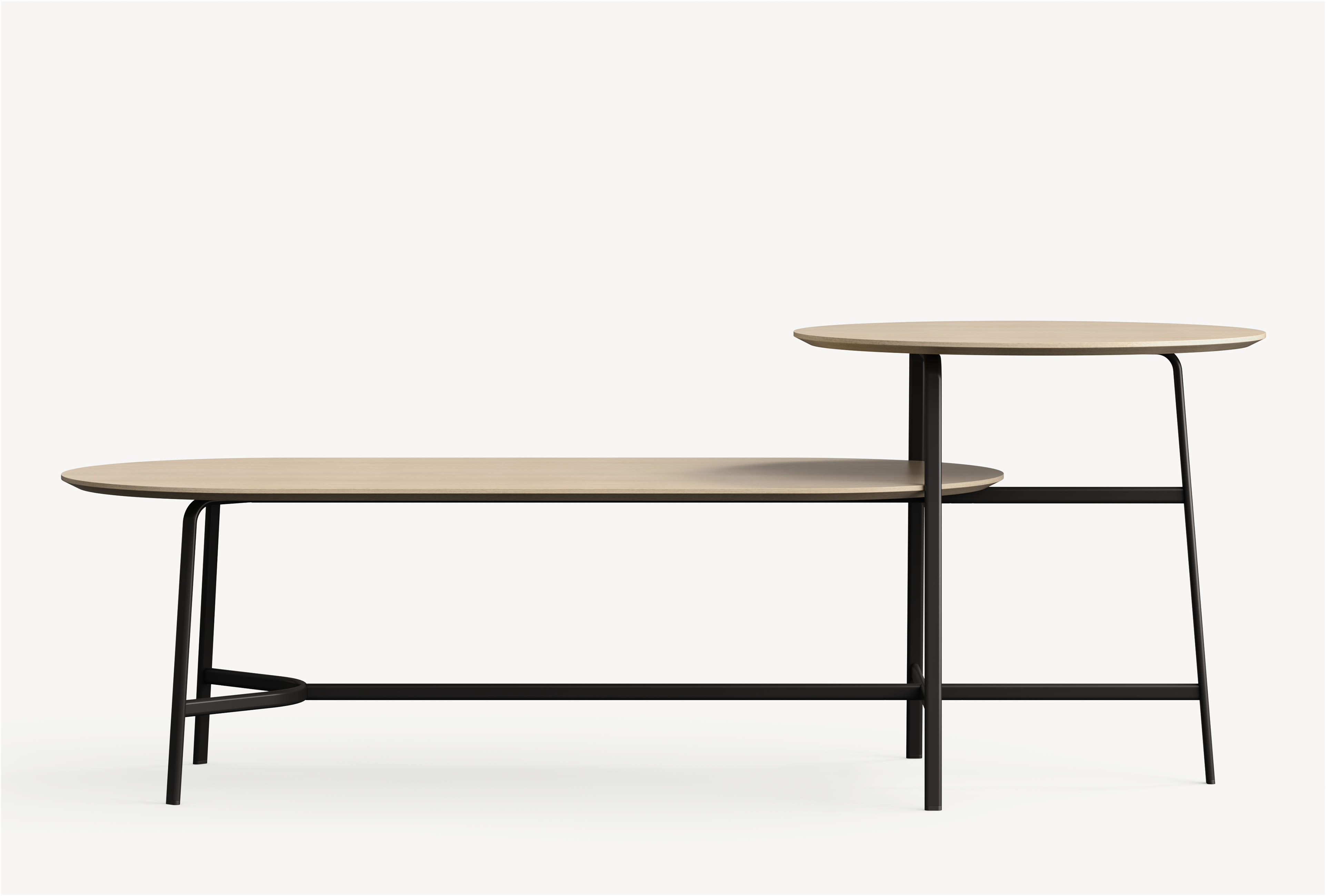 Front view of the Park Hi Lo meeting table with light wood tops and black frame.