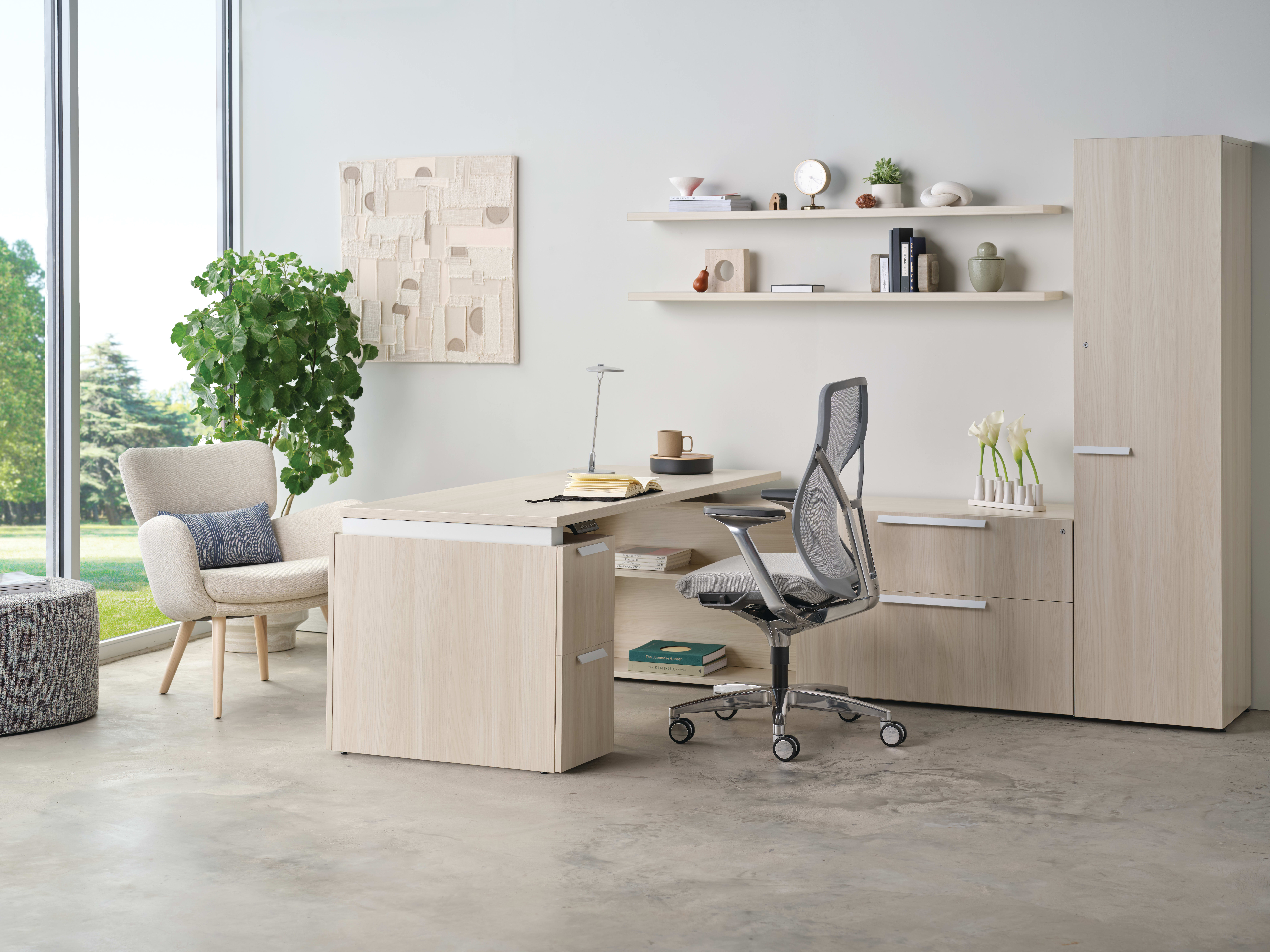 Allsteel Acuity seating;Gunlocke Iris Seating; Approach Desking;Two-Thirds Pouf 
