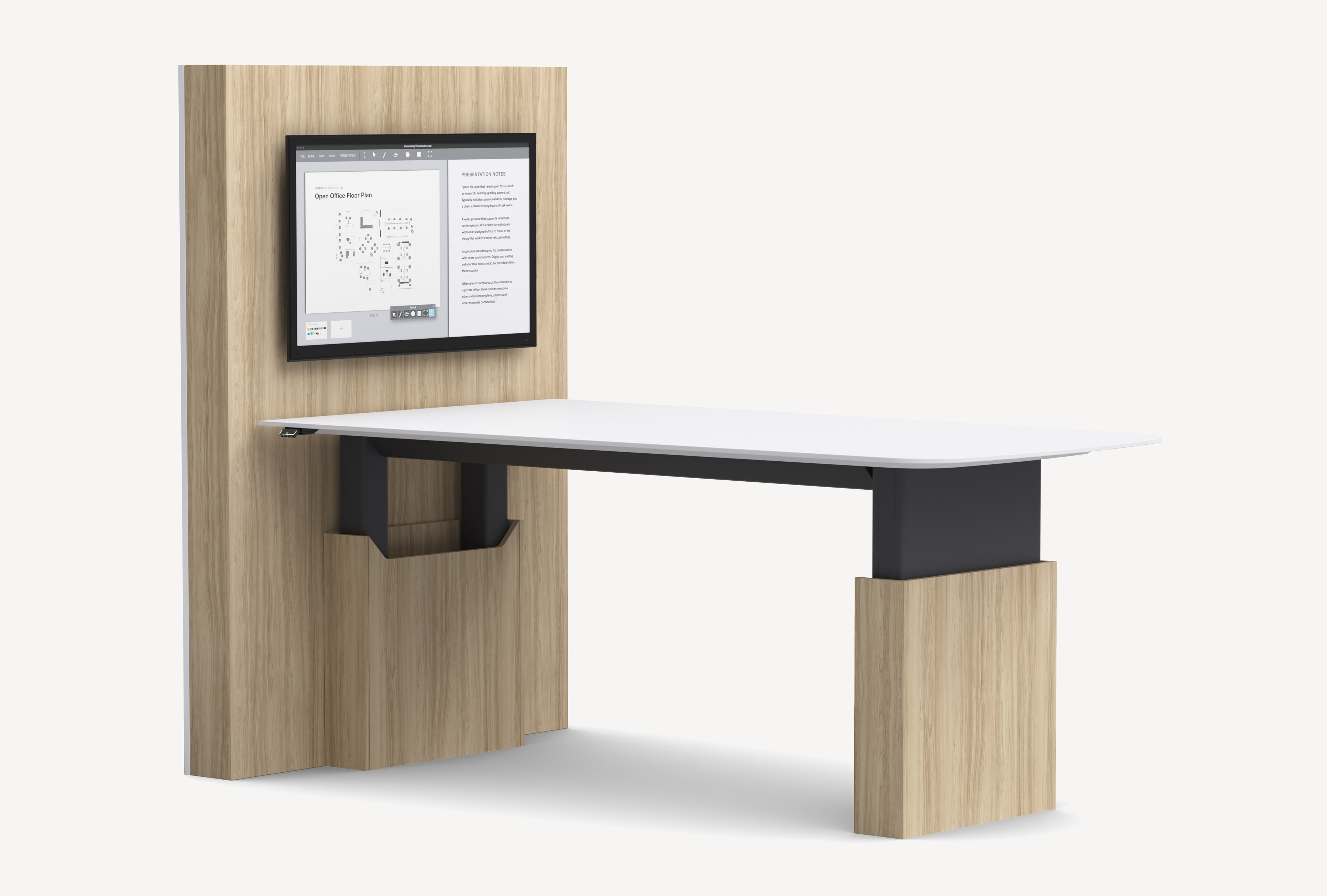 Three-quarter front view of the Gunlocke Briefing height-adjustable table with media wall in light wood with a white table top.
